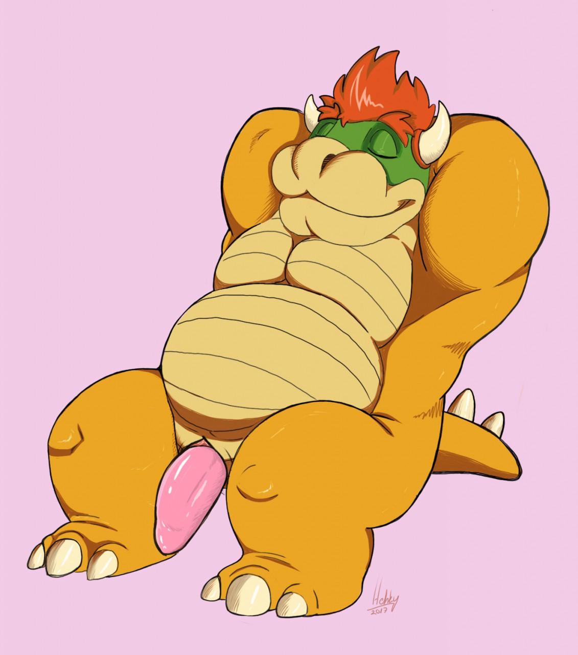 1boy animal_genitalia anthro arms_behind_head arms_up bowser closed_eyes erection full_body genital_slit hair hehky koopa male male_only mario_(series) musclegut nintendo nude penis red_hair scalie signature simple_background sitting slightly_chubby slit smile solo video_games