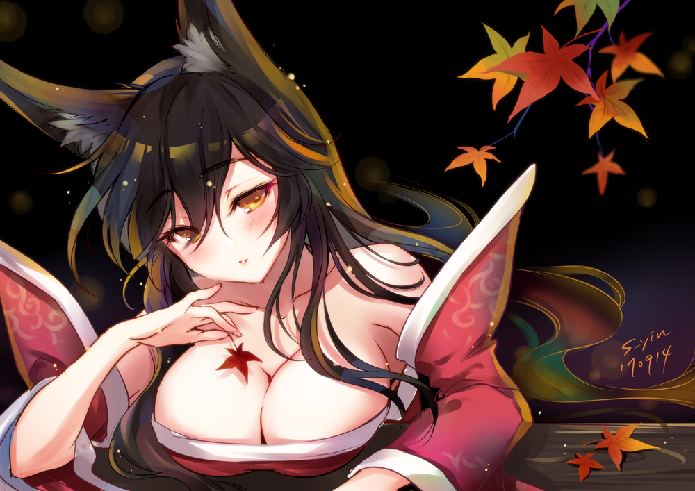 1girls ahri animal_ears bare_shoulders black_hair breasts cleavage down_blouse female fox_ears fox_tail japanese_clothes large_breasts league_of_legends long_hair looking_at_viewer s-yin solo tail watermark yellow_eyes