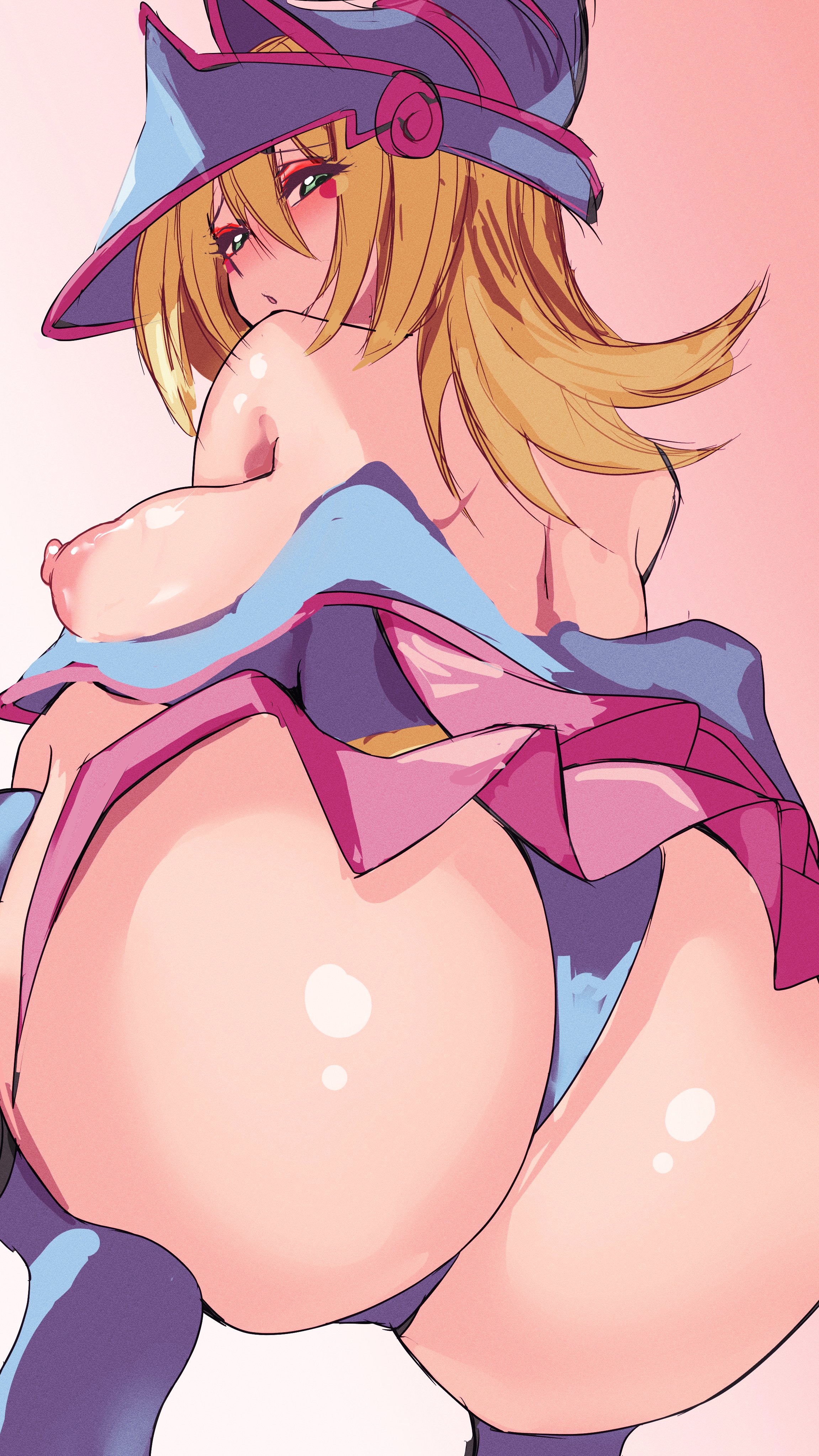 1girls, areolae, ass, ass focus, back view, blonde hair, blush, boots, curvy, dark magician girl, dat ass, embarrassed, erect nipples, female, female only, fringe, green eyes, hat, hi res, huge ass, kneeling, konami, large breasts, leotard, light skin, looking at viewer, low-angle view, magical girl, magician hat, nipples, open mouth, rear view, sitting, skirt, solo, teenager, teru cats, underwear, voluptuous, yu-gi-oh!, yu-gi-oh! duel links, yu-gi-oh! duel monsters