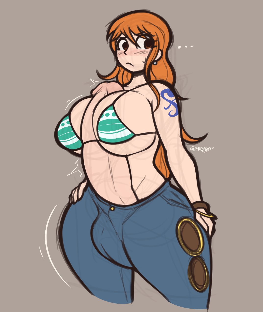 1futa, autopaizuri, bikini, bikini top, breasts, breasts bigger than head, clothed, clothing, futa only, futanari, gemrazzled, huge cock, human, large breasts, light skin, light-skinned futa, mostly nude, nami (one piece), one piece, solo, standing, tagme, tight clothing