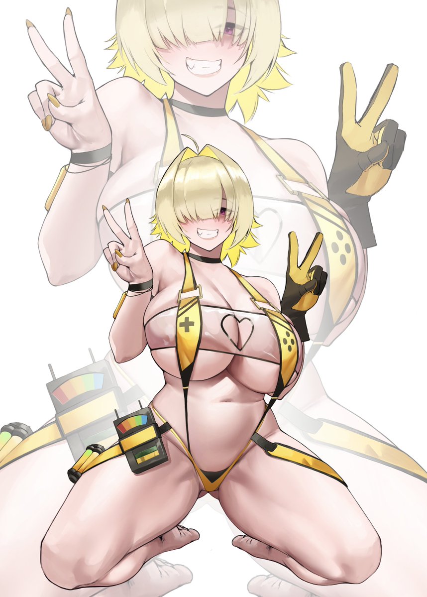 blonde hair, breasts, commentary, elegg (boom and shock) (nikke), elegg (nikke), english commentary, game controller print, goddess of victory: nikke, hair intakes, large breasts, long bangs, short hair, slingshot swimsuit, smile, swimsuit, two-tone slingshot swimsuit, v, white background, yellow slingshot swimsuit, zukululuu