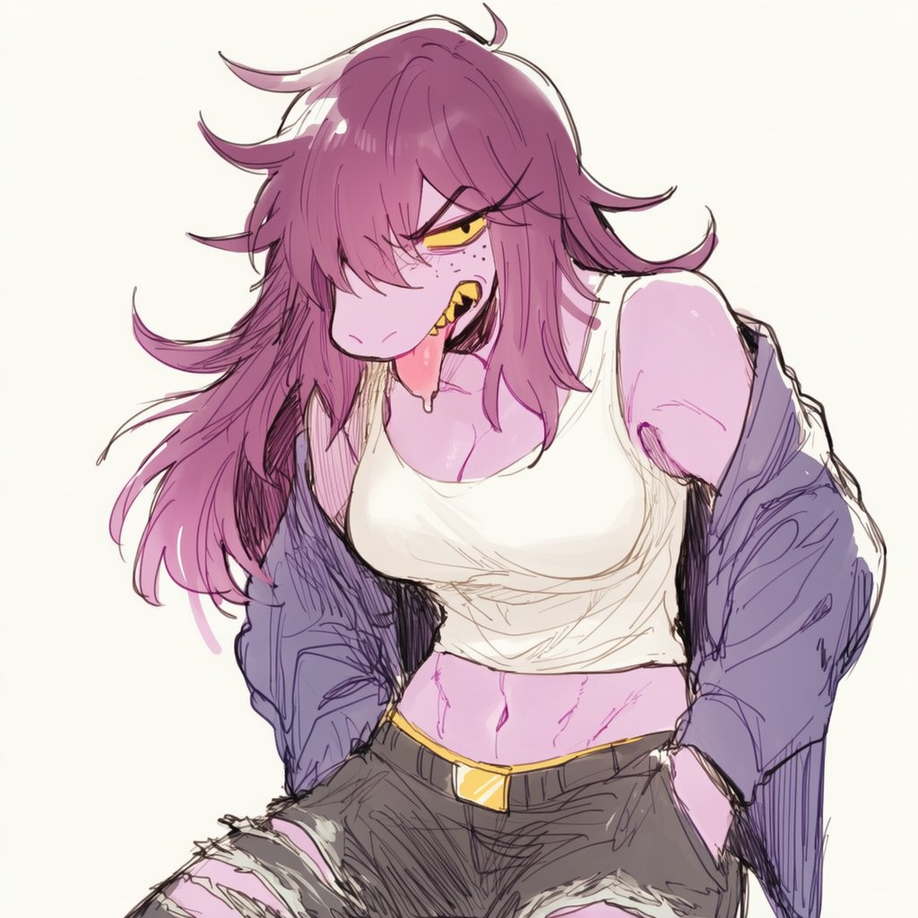 ai generated, anthro, deltarune, furry, jeans, lapis slopzuli, long hair, muscles, muscular female, purple body, reptile, shirt, style, susie (deltarune), susie (light world form), tongue out, undertale (series), yellow eyes
