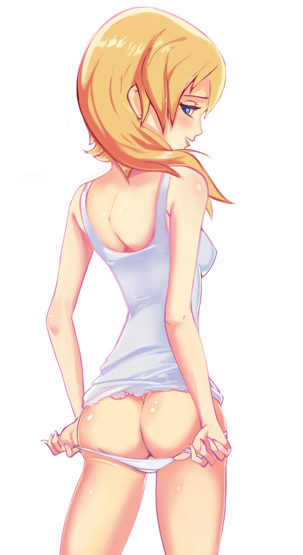 1girls, ass, blonde hair, blonde-haired female, blue eyes, blush, breasts, disney, female, kingdom hearts, looking at viewer, looking back, looking over shoulder, medium breasts, namine, panties, square enix, underwear, undressing