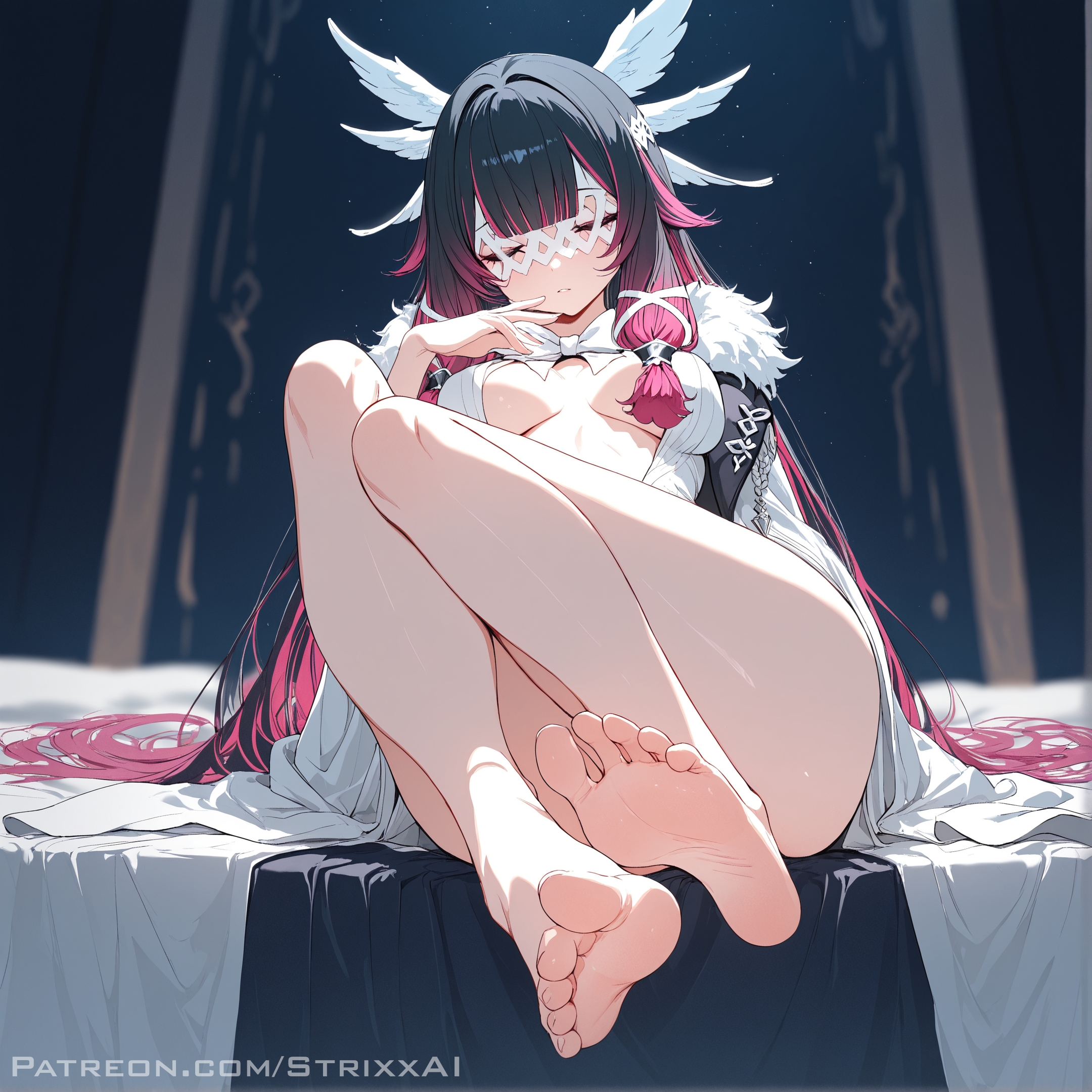 ai assisted, ai generated, bare legs, barefoot, columbina (genshin impact), feet, feet focus, foot fetish, genshin impact, light skin, light-skinned female, soles, solo, solo female, solo focus