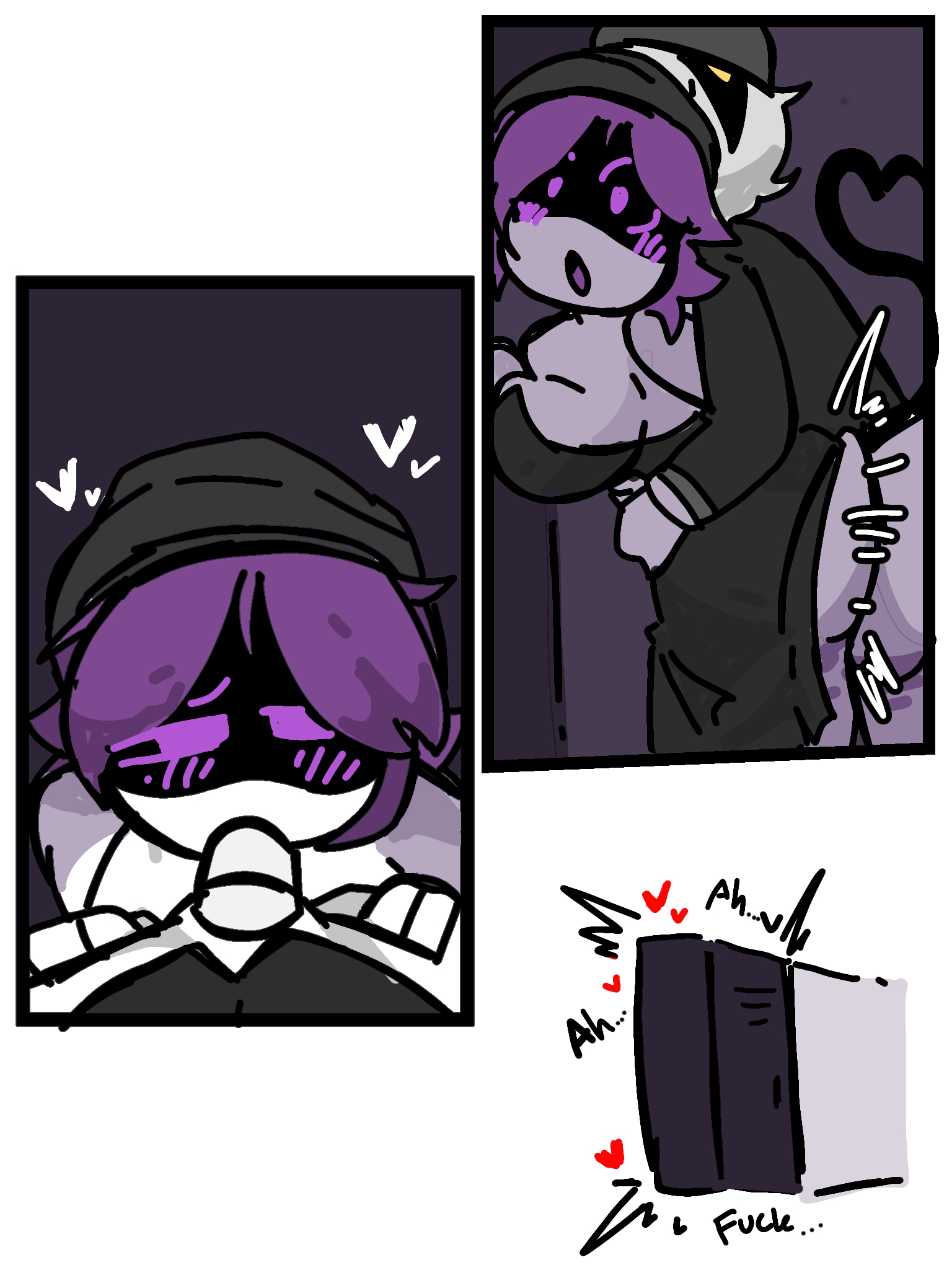 1boy, 1boy1girl, 1girls, ass, blush, breasts, dark clothing, female, fuck, inkzan, locker, locker room, male, male/female, murder drone, murder drones, n (murder drones), oral, oral penetration, purple eyes, purple hair, robot, robot boy, robot girl, robot penis, sex, side view, sucking penis, tail, uzi (murder drones), yellow eyes