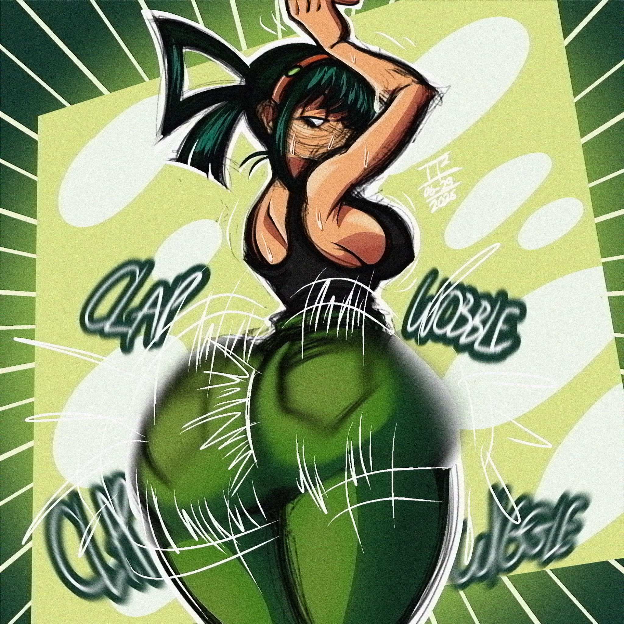 1girls, adult tsuyu, artist request, ass, big ass, breasts, green hair, grin, huge ass, large breasts, looking at viewer, looking back, my hero academia, my hero academia (finale), pants, post-timeskip, solo, tsuyu asui, twerking