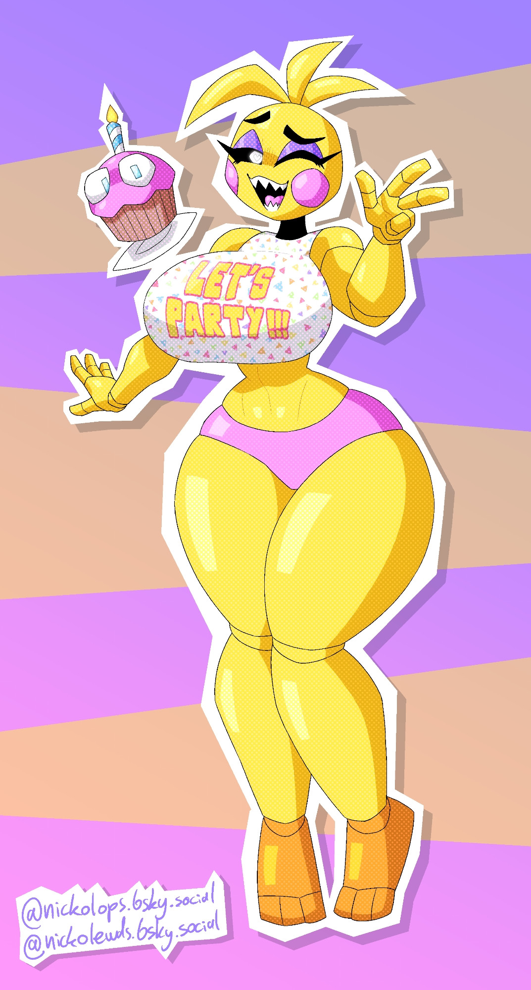 2d, abs, animatronic, avian, avian humanoid, bib, big ass, big breasts, chicken, covering breasts, cupcake (fnaf), digital drawing (artwork), drawing, eyelashes, five nights at freddy's, five nights at freddy's 2, fnaf, fnaf 2, hentai, hourglass figure, hourglass figured female, nickolewds, panties, perfect body, pink underwear, robot, shorts, slim waist, solo, teasing, thick thighs, toy chica (fnaf), wink, winking at viewer, yellow body