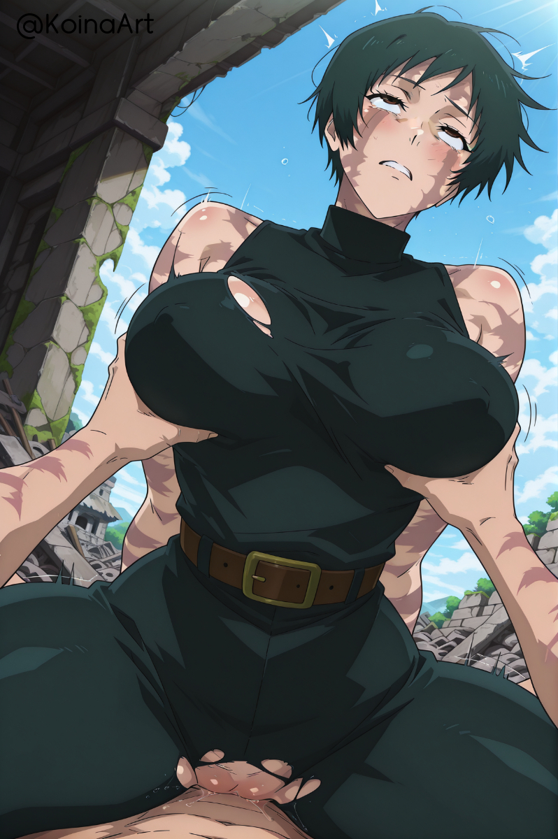 ai generated, big breasts, breast grab, clenched teeth, cowgirl, cowgirl position, eyes rolling back, female, highres, huge ass, jujutsu kaisen, koinaart, maki zenin, markings, on top, patreon, perky breasts, pov, sex, stable diffusion, thick ass, thick thighs, zenin maki