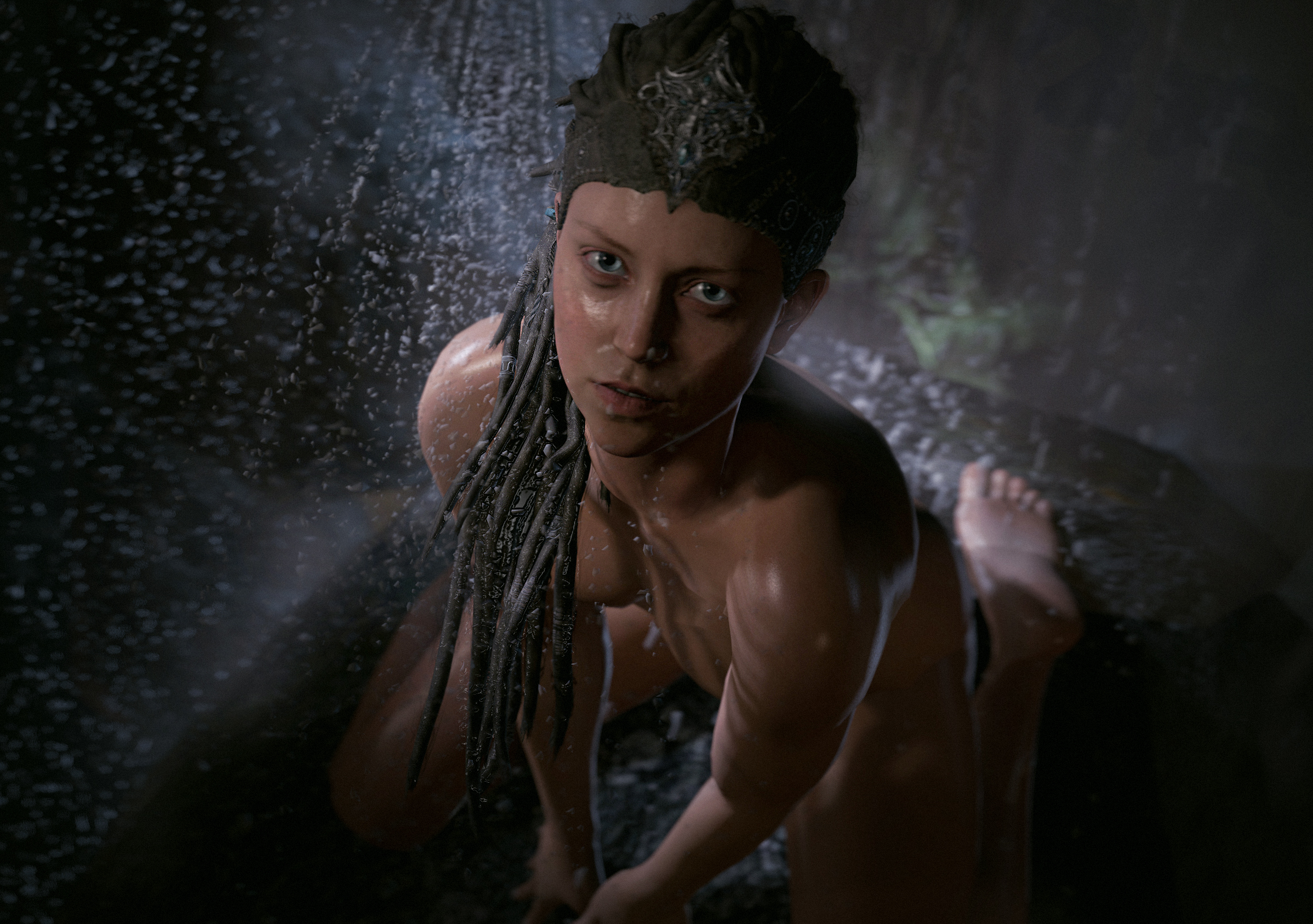 3d, blue eyes, breasts, brown hair, feet, female, hellblade, kneeling, long hair, looking at viewer, medium breasts, nude, outside, ponytail, rain, senua, skinny, solo, tastytextures, wet, wet skin