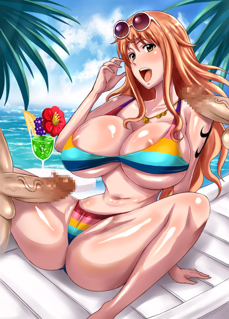 1girls 2boys ass bikini breasts censored chair cleavage clothing curvy drink feet female haikawa_hemlen hips huge_breasts huge_penis large_ass legs long_hair male multiple_boys nami nami_(one_piece) navel ocean one_piece one_piece_film_z open_mouth orange_hair outdoors penis rainbow_bikini sitting stomach straight sunglasses sunglasses_on_head swimsuit tattoo teeth thick_thighs thighs tongue veins veiny_penis wide_hips