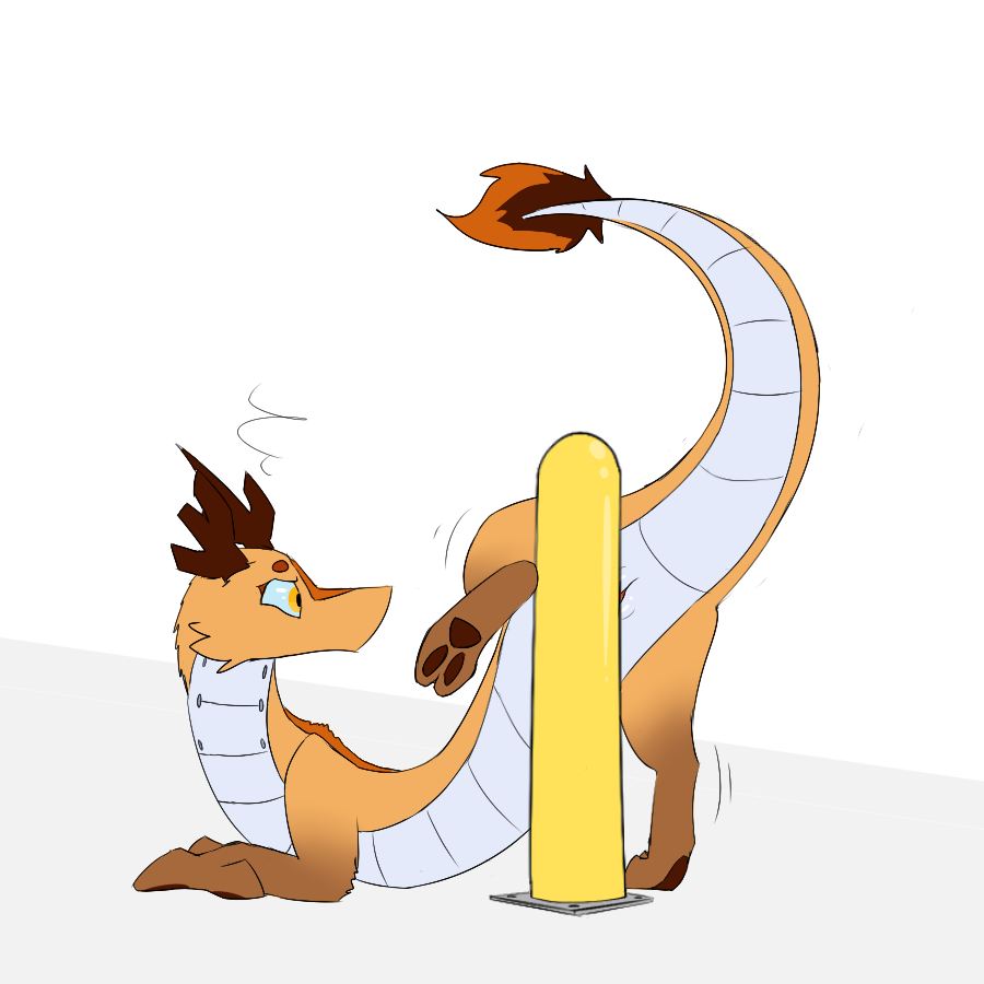 2018 a_questionable_pony_blog antlers bollard dragon everything_is_a_dildo everything_is_a_dildo_if_you_are_brave_enough female feral frustrated fur furred_dragon horn madrigal mouthless pole pussy raised_leg raised_tail rubbing simple_background solo white_background yellow_eyes