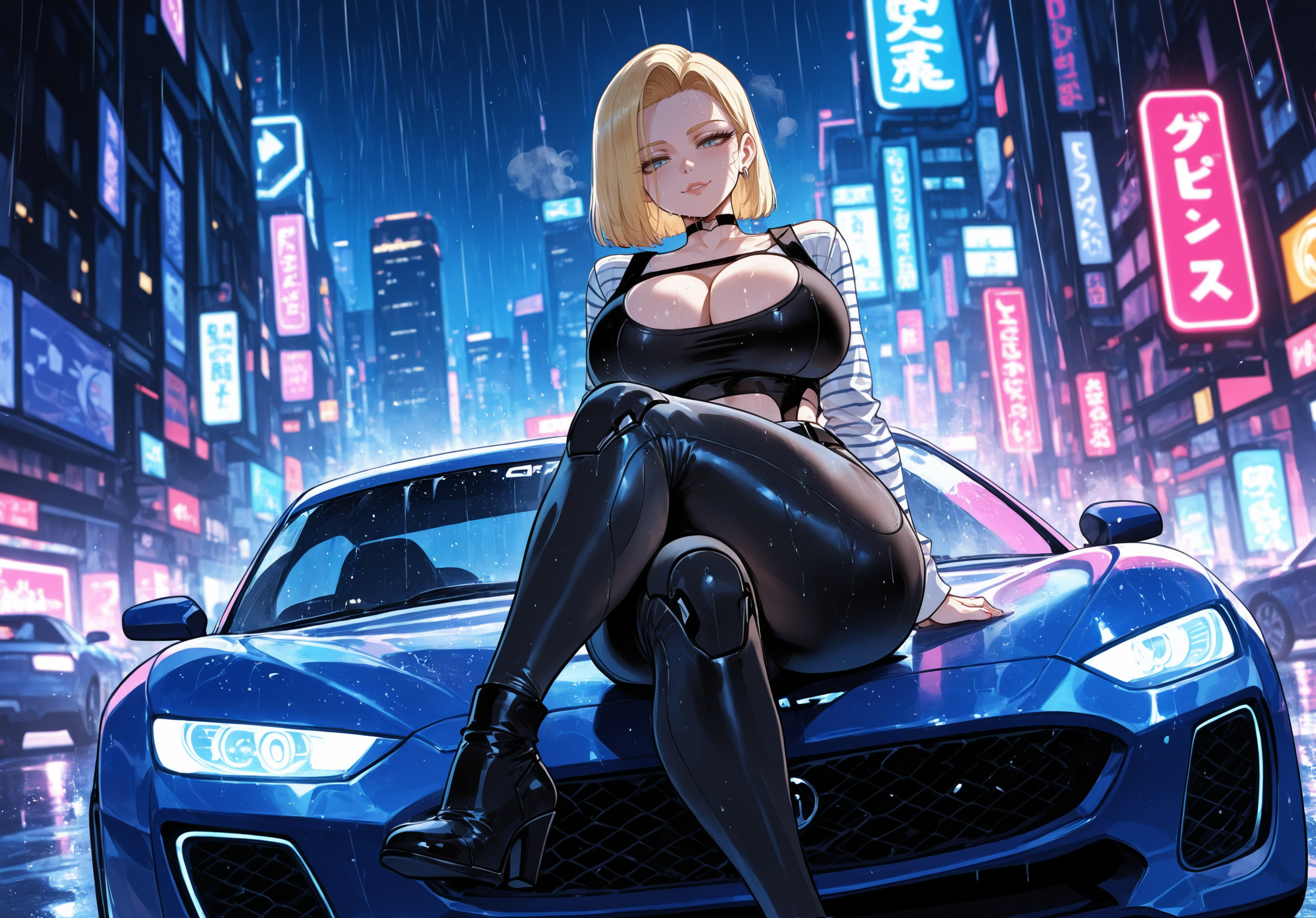 1girls, ai generated, android 18, black choker, black footwear, black pants, blonde hair, blue eyes, bob cut, boots, breasts, building, car, choker, city, city lights, cityscape, cleavage, clothing, collarbone, crop top, crossed legs, curvaceous, curvaceous female, curvaceous figure, curvy, curvy figure, dragon ball, dragon ball super, dragon ball z, earrings, female, female focus, female only, foot out of frame, footwear, from below, ground vehicle, head tilt, high heel boots, high heels, inviting, jewelry, large breasts, leather pants, lips, long sleeves, looking at viewer, mature female, milf, miyuai, mole, mole on breast, motor vehicle, motorcycle, neon lights, night, night sky, o-ring, on vehicle, outdoors, pants, parted bangs, presenting, presenting ass, presenting breasts, presenting hindquarters, presenting pussy, presenting self, rain, seductive, seductive look, seductive smile, shiny clothes, shirt, shoes, short hair, sitting, sky, skyscraper, smile, solo, sports car, thick thighs, thighs, tight clothes, tight pants, uncensored, vehicle, voluptuous, voluptuous female, wet, wet clothes
