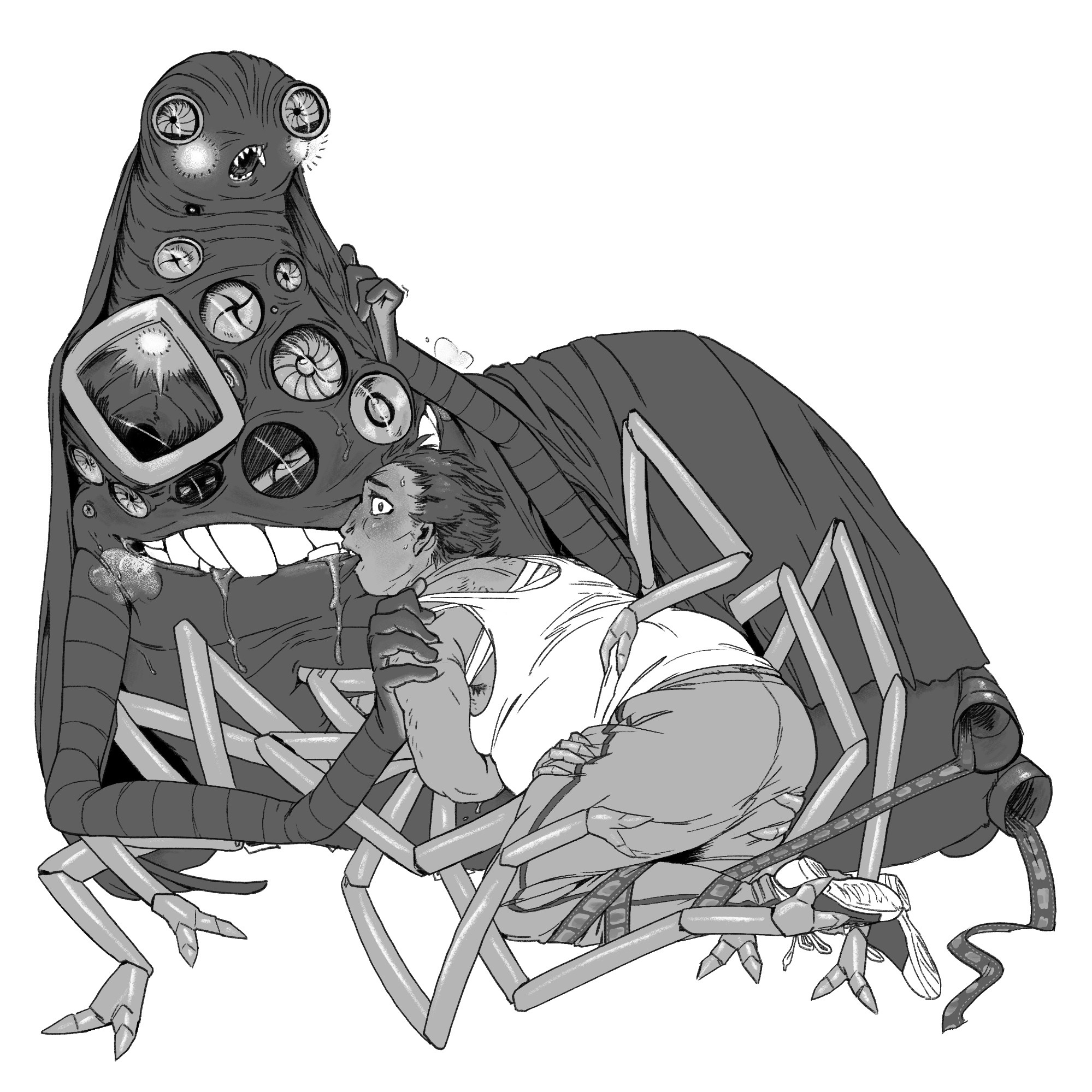 2boys, arachnid, blush, caught, chubby male, foreplay, gay, human, kissing, look outside, lyle (look outside), machine, male, male only, mechacockzilla, mechanical, monster, multi mouth, sam (look outside), size difference, smaller human, teratophilia, unusual anatomy