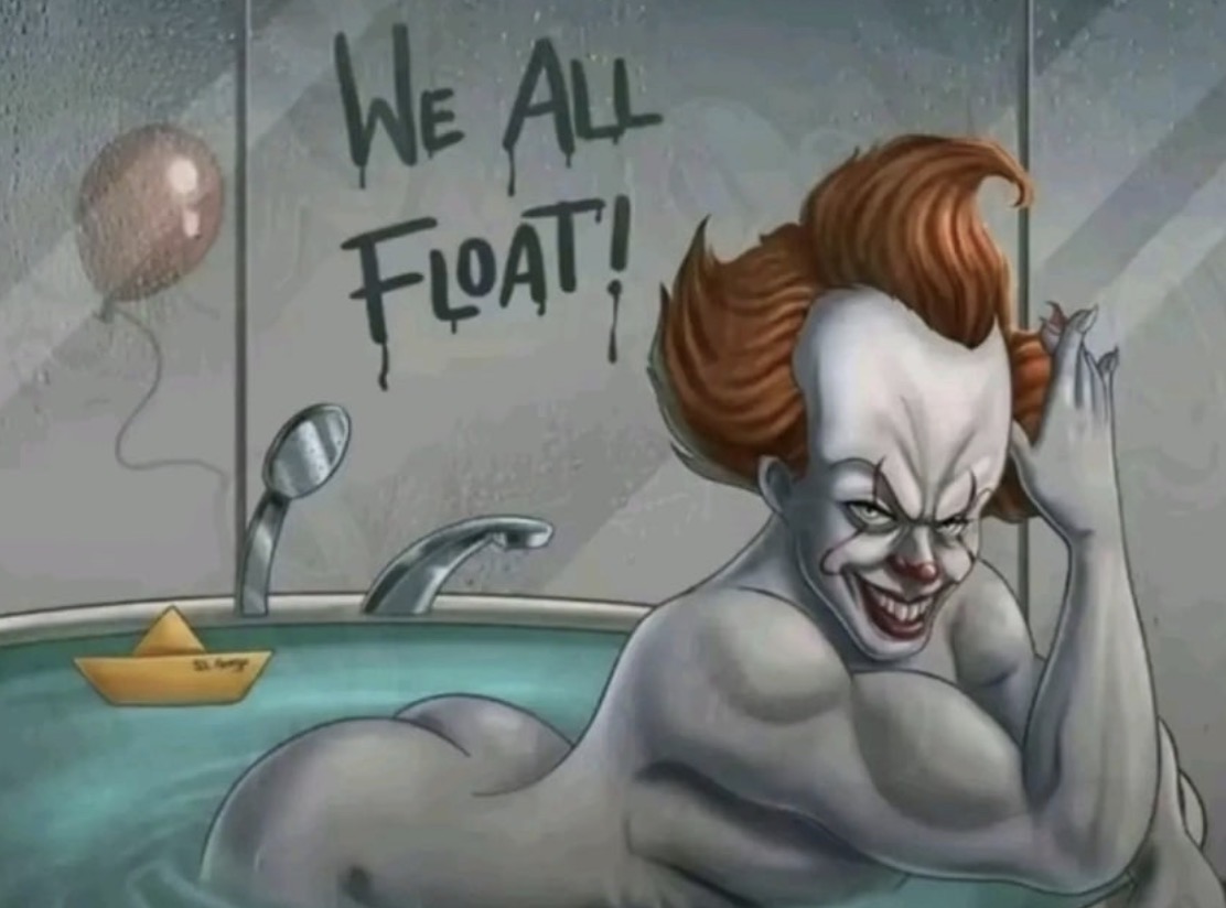 ass, balloon, bath, bathtub, clown, it, it (stephen king), male, meme, no genitals shown, orange hair, pennywise, solo, stephen king, the werkroom, tiktok, water, we all float, window