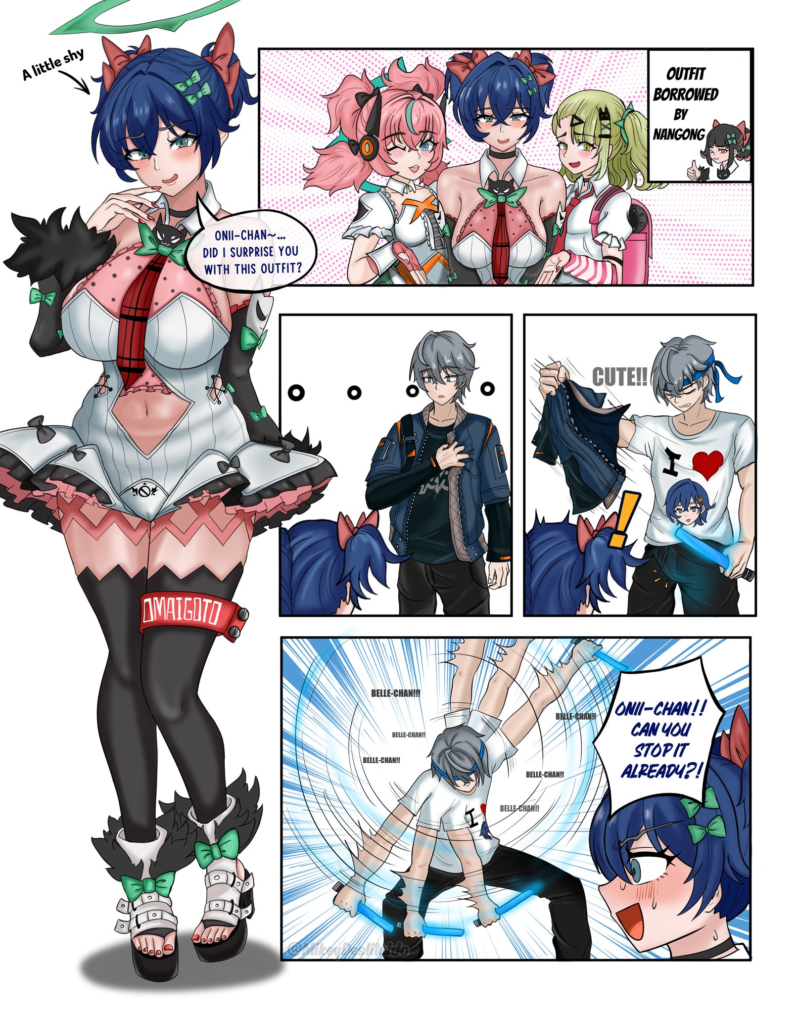 1boy, 4girls, angels of delusion, aria (zenless zone zero), aria (zenless zone zero) (human form), belle (zenless zone zero), big breasts, blue eyes, blue hair, brother and sister, chinatsu remiel, colored nails, comic, cosplay, embarrassed, footwear, gray hair, green hair, green ribbons, hoshimi miyabi, huge breasts, huge thighs, mikeydestituido, nails, nangong yu (zenless zone zero), nangong yu (zenless zone zero) (cosplay), navel, older brother, painted nails, pink hair, red tie, rokudo sariel, short hair, sunna (zenless zone zero), text, thick thighs, thighs, twintails, wise (zenless zone zero), younger sister, yutane johiel, zenless zone zero