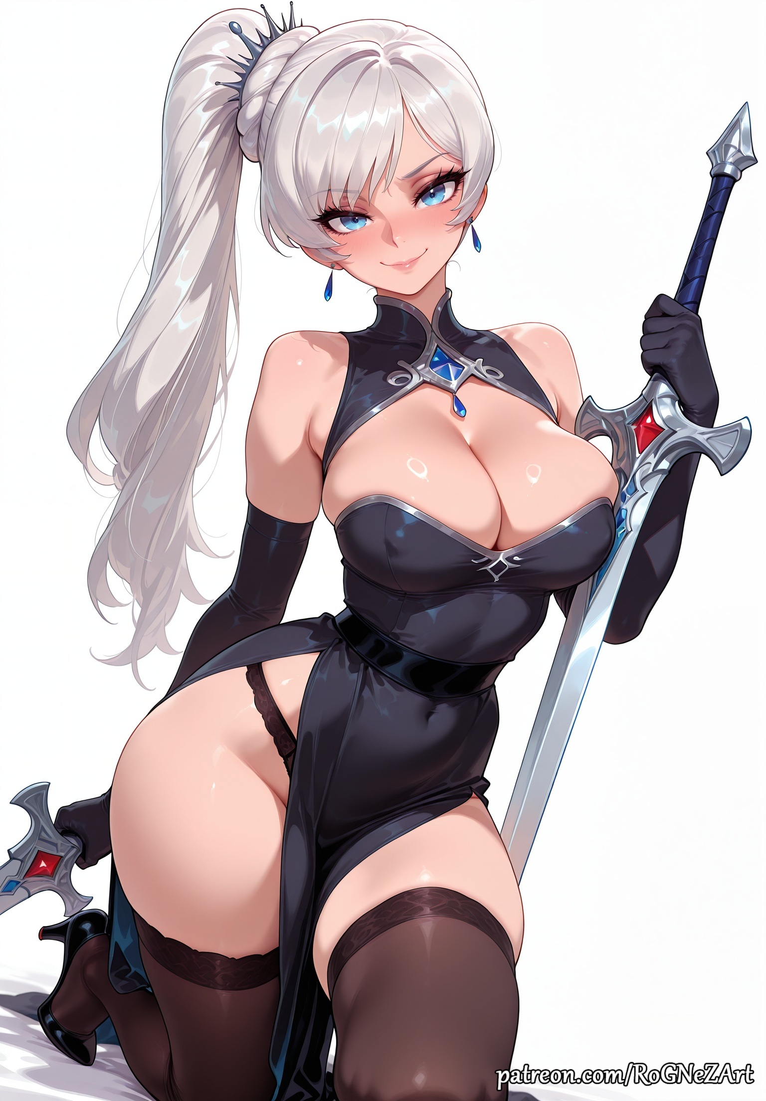 2025, ai generated, anime, bangs, bare shoulders, black dress, black gloves, black panties, black thighhighs, blue eyes, blush, breasts, cleavage, cleavage cutout, closed mouth, clothing cutout, covered navel, covered nipples, crossover, dress, earrings, elbow gloves, eye contact, female, female focus, female only, flushed, gloves, handwear, high heels, highres, holding, holding sword, holding weapon, huge breasts, jewelry, kneeling, large breasts, long hair, looking at viewer, neutral expression, nsfw, panties, patreon, patreon username, pelvic curtain, rapier, rognezart, rwby, scar, scar across eye, scar on face, shiny, shiny skin, side ponytail, simple background, smile, smiling, solo, sword, thick thighs, thighhighs, thighs, underwear, very long hair, weapon, weiss schnee, white background, white hair