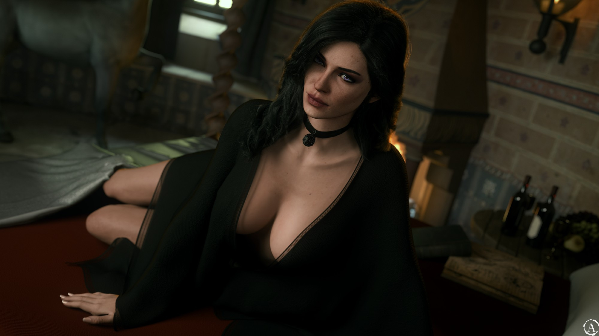 3d, alf3d, bed, bedroom, black hair, breasts, cd projekt red, female, legs, light skin, light-skinned female, looking at viewer, mascara, necklace, nightie, purple eyes, solo, solo female, the witcher (series), the witcher 3: wild hunt, yennefer