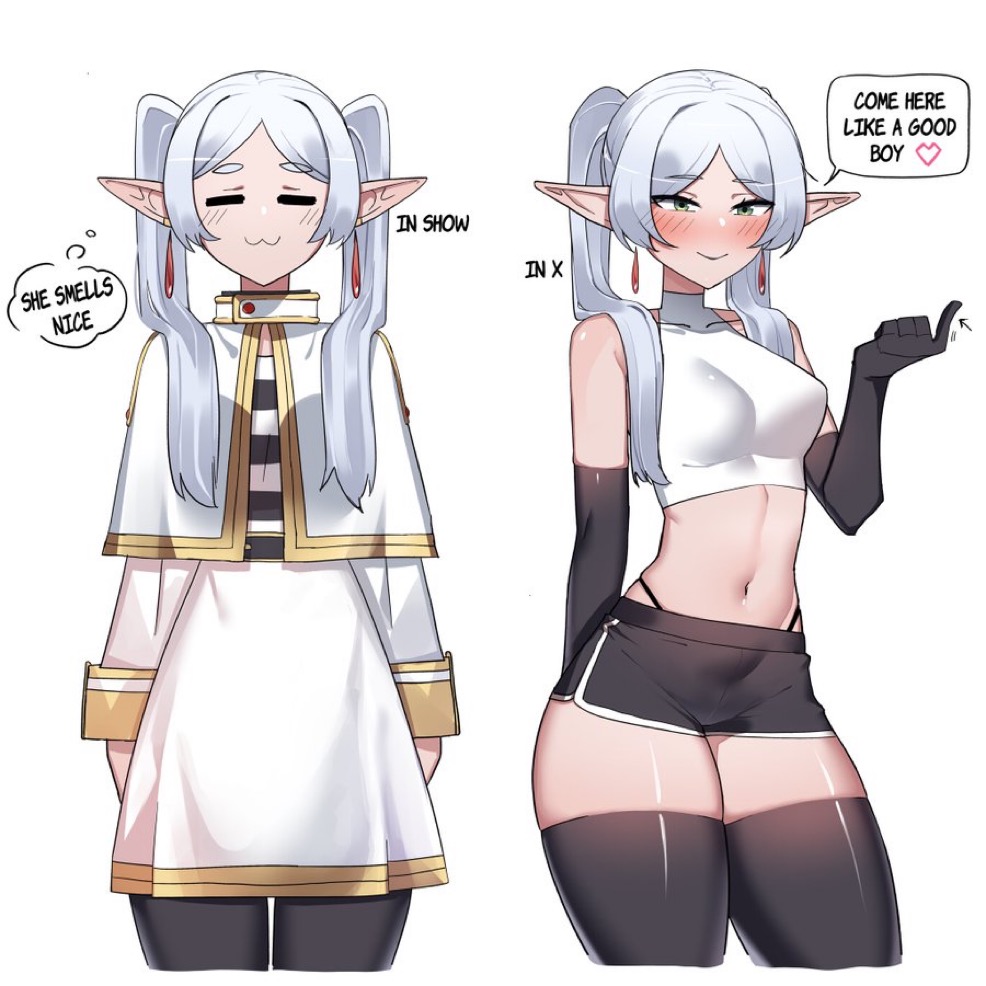 1girls, breasts, elf, elf ears, elf female, female, female focus, female only, frieren, light skin, light-skinned female, midriff, solo, sousou no frieren, thick thighs, thighhighs, thighs, ti keep, white background, wide hips
