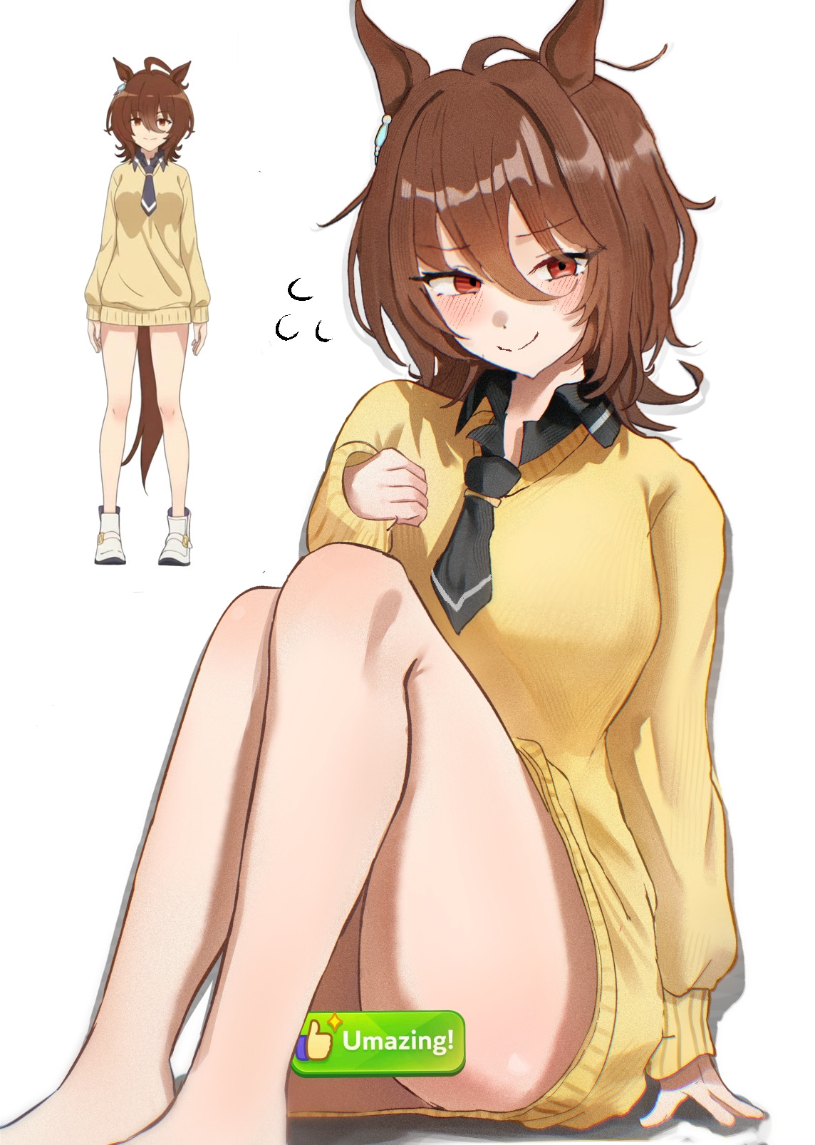 1girls, agnes tachyon (umamusume), ahoge, bare legs, barefoot, blush, blushing, bottomless, brown hair, censored, horse ears, horse girl, horse tail, legs, looking at viewer, nervous, nervous smile, orange eyes, short hair, solo, sweat, sweatdrop, sweater, sweater only, thighs, tie, tomosaka, umamusume, umamusume pretty derby