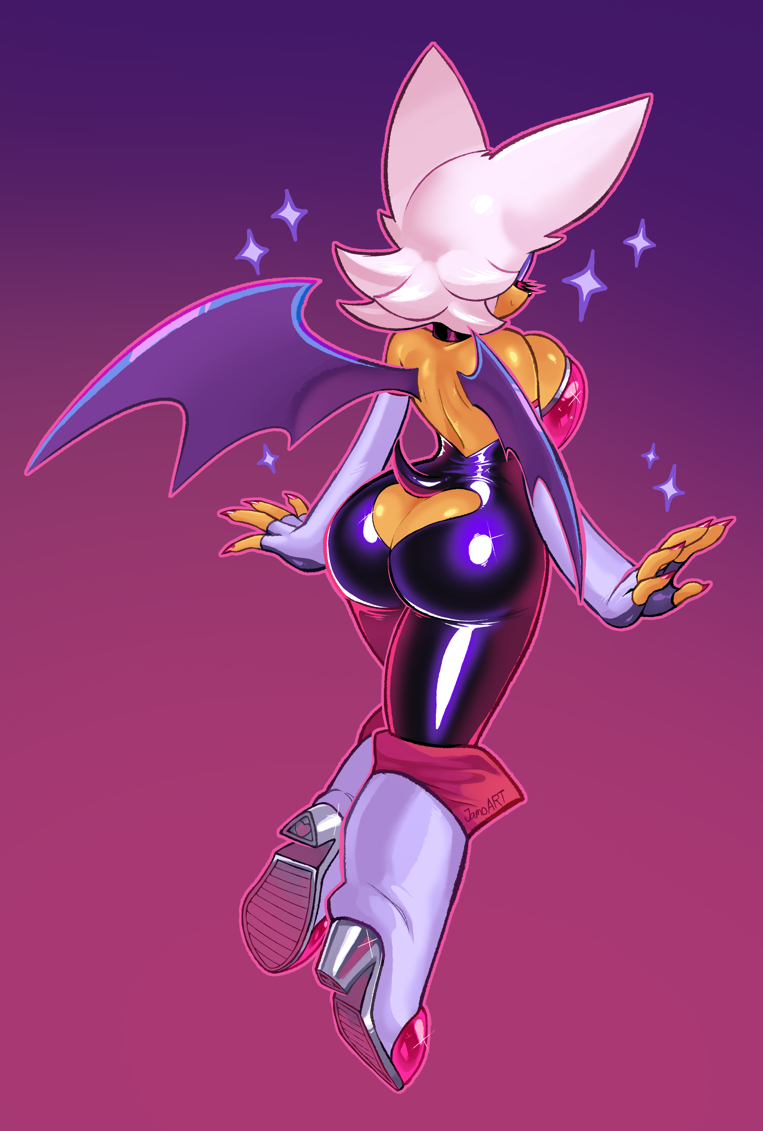 1girls, 2025, absurd res, anthro, armwear, ass, ass cleavage, ass crack, ass cutout, backless clothing, bat, bat wings, black clothing, black latex, bodysuit, boots, breast squish, butt cleavage, butt crack, butt cutout, choker, closed eyes, clothes, clothing, curvaceous, curvaceous female, curvaceous figure, curvy, curvy female, curvy figure, digital art, digital drawing (artwork), digital media, digital media (artwork), eyelashes, eyeshadow, female, fingerless gloves, footwear, furry, glistening, glistening ass, glistening body, glistening butt, glistening hair, glistening latex, gloves, hair, heart-shaped cutout, hi res, high heeled boots, high heels, jamoart, jewelry, latex, latex bodysuit, latex skinsuit, latex suit, mammal, membrane (anatomy), membranous wings, nail polish, nails, nails painted, necklace, neckwear, rear view, rouge the bat, sega, shoes, short hair, side boob, simple background, skin tight, skin tight suit, skinsuit, smile, smiling, solo, sonic (series), sonic the hedgehog (series), sparkles, suit, tail, tanned fur, tanned skin, thick thighs, voluptuous, voluptuous female, white hair, wide hips, wings, wings on back