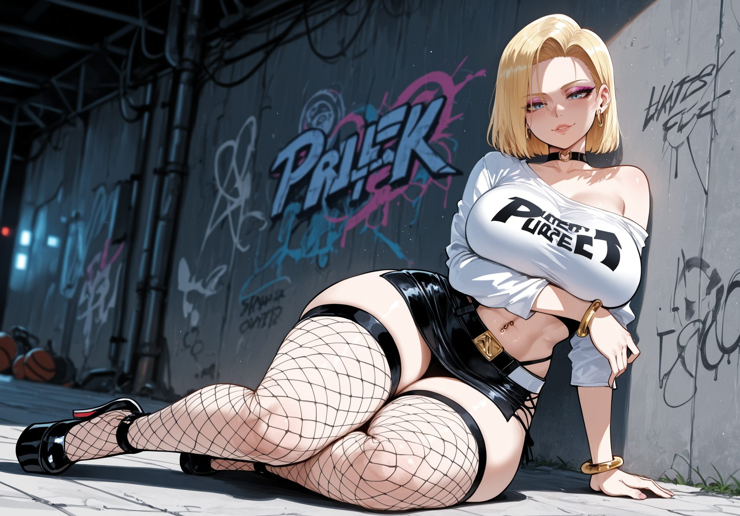 1girls, against wall, ai generated, alley, android 18, arm support, arm under breasts, bangle, bangs, belt, belt buckle, black belt, black choker, black footwear, black nails, black panties, black skirt, blonde hair, blue eyes, blush, bracelet, breast hold, breasts, buckle, choker, cleavage, clothes writing, clothing, collarbone, crop top, curvaceous, curvaceous female, curvaceous figure, curvy, curvy figure, dragon ball, dragon ball super, dragon ball z, ear piercing, earrings, english text, eyebrow piercing, eyeliner, eyeshadow, female, female focus, female only, fishnet legwear, fishnet thighhighs, fishnets, footwear, forehead, full body, graffiti, high heels, highleg, highleg panties, hoop earrings, inviting, jewelry, large breasts, leaning to the side, legs, legwear, long sleeves, looking at viewer, makeup, mature female, microskirt, midriff, milf, miniskirt, miyuai, nail polish, navel, navel piercing, o-ring, o-ring choker, off shoulder, off-shoulder shirt, panties, panty straps, pencil skirt, piercing, platform footwear, platform heels, presenting, presenting ass, presenting breasts, presenting hindquarters, presenting pussy, presenting self, seductive, seductive look, seductive smile, shirt, shoes, short hair, side slit, single bare shoulder, sitting, skindentation, skirt, smile, solo, thick thighs, thighhighs, thighs, uncensored, underwear, voluptuous, voluptuous female, white shirt, wide hips, yokozuwari
