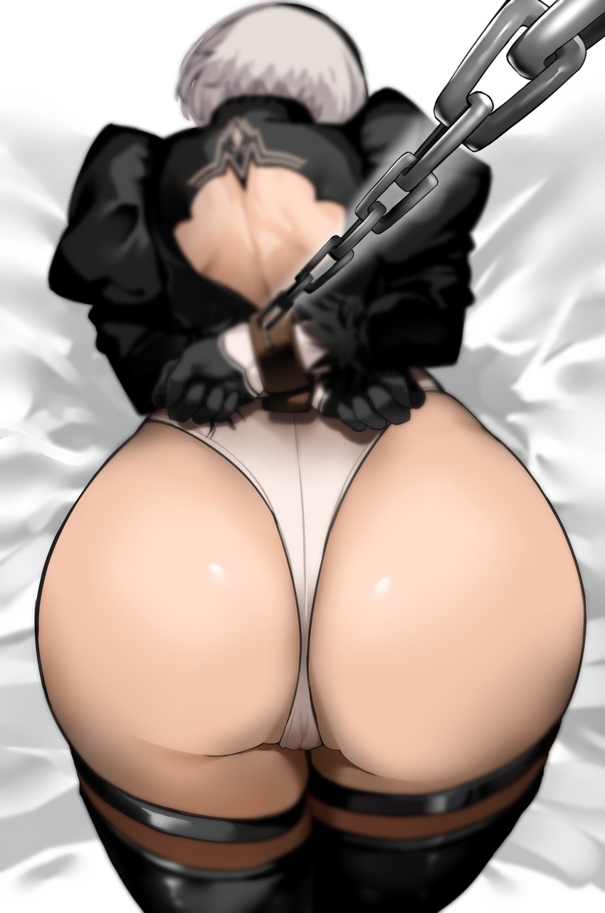 1girls, arms behind back, ass, ass focus, asscheeks, bakkanki, black thighhighs, bob cut, butt, buttcheeks, chain, chains, female, from behind, gloves, goddess, headband, leotard, light skin, light-skinned female, long sleeves, nier: automata, puffy sleeves, restrained, short hair, thighhighs, thighs, white hair, white leotard, yorha 2b
