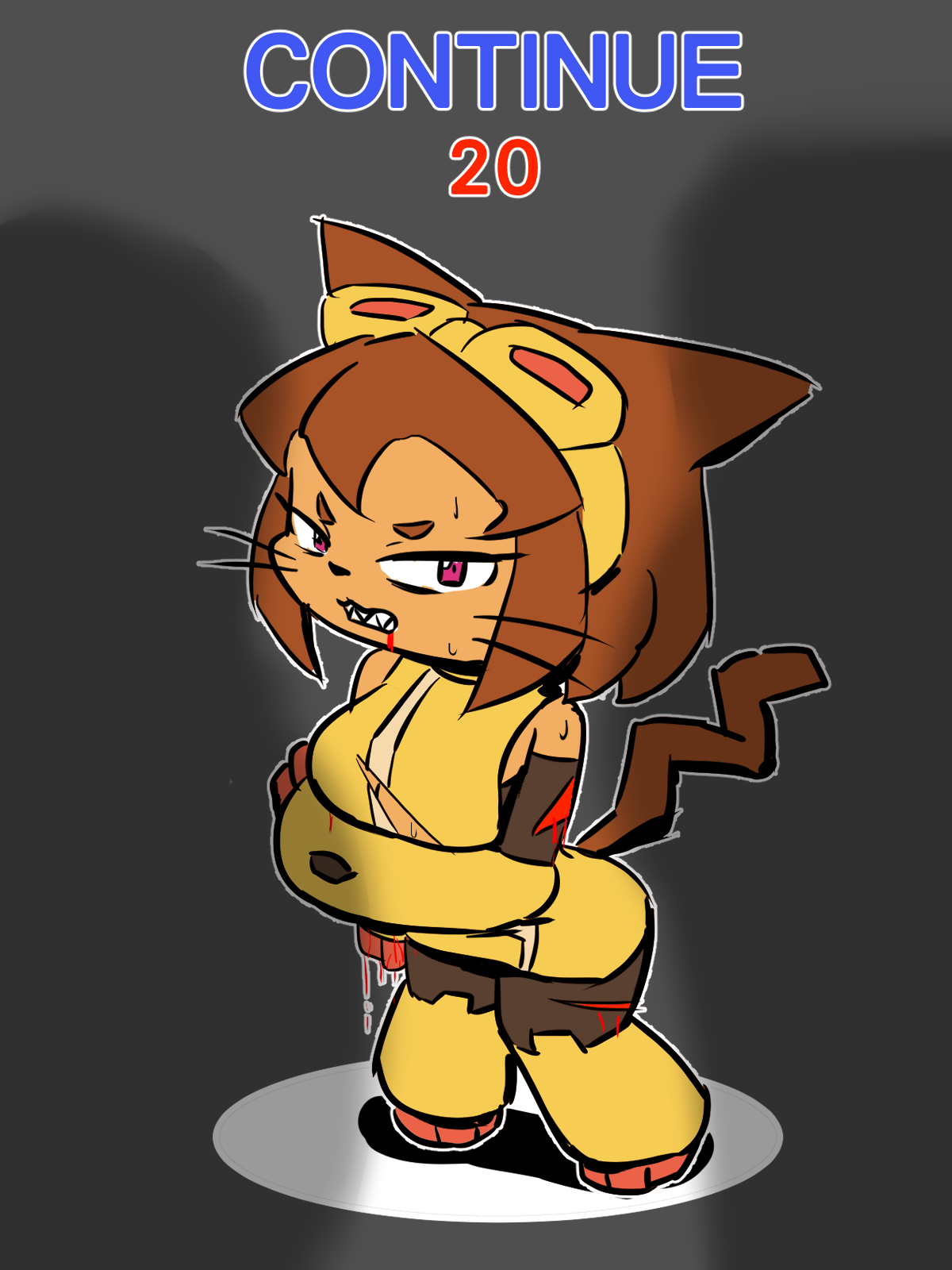 1girls, anthro, anthro only, arched back, bleeding from mouth, blood, brown body, brown fur, brown hair, color, continue screen, cut, cuts, cuts on arms, cuts on thighs, defeated, defeated heroine, female, female focus, female only, game over, game over screen, gameoverse, glitch productions, gritted teeth, hurt, imminent rape, injury, kit (gameoverse), kit bodega, lazza 7318, looking at viewer, pink eyes, pixiv link, shadow, sharp teeth, solo, twitter link
