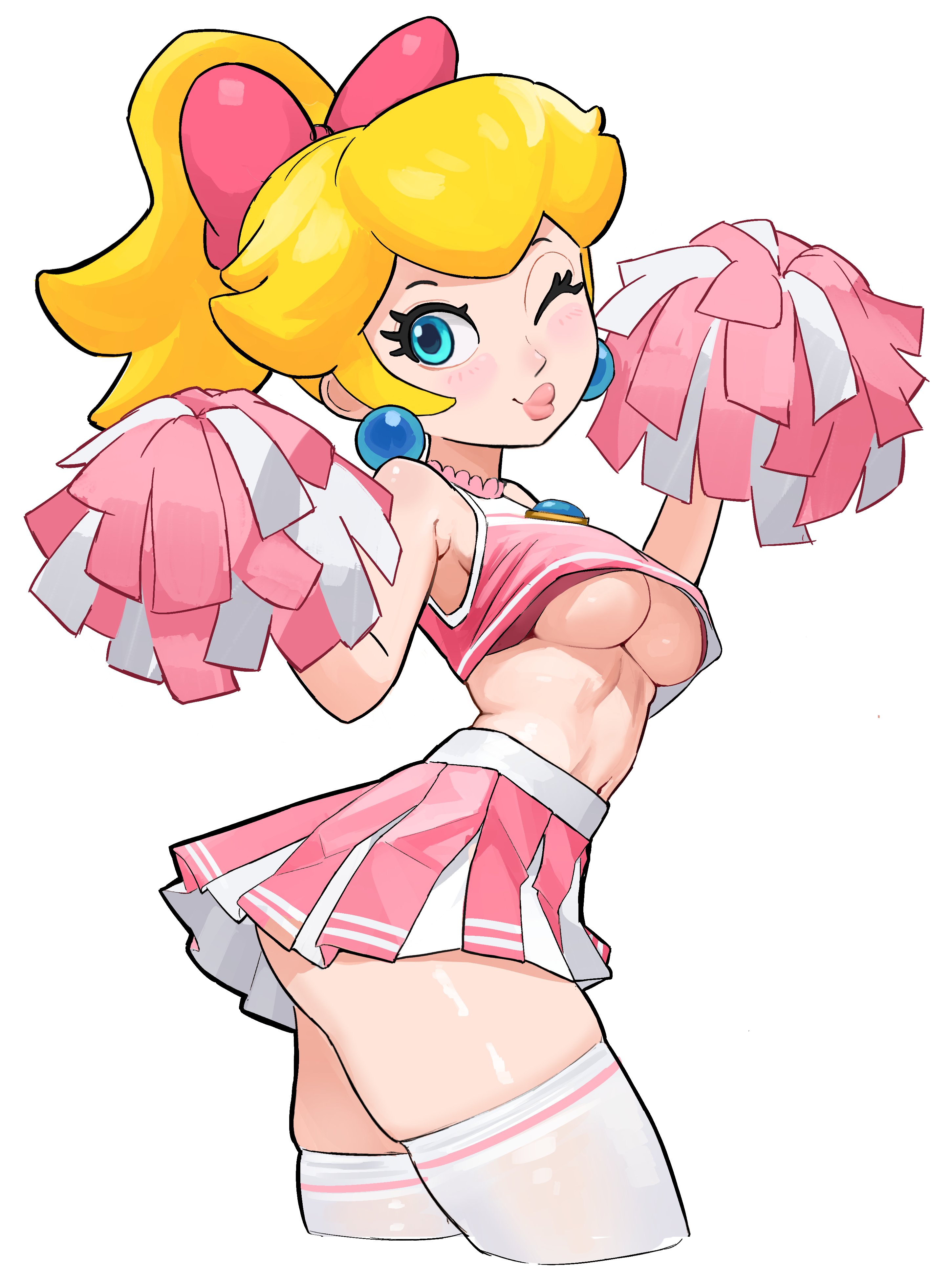 1girls, 2026, bare shoulders, blonde hair, blue eyes, blush, breasts, cheerleader, cheerleader uniform, closed mouth, clothed, crop top, earrings, female, female only, hairbow, human, light skin, light-skinned female, mario (series), medium breasts, mineru128127, navel, nintendo, one eye closed, pink bow, pink crop top, pink hair bow, pink pom poms, pink skirt, pleated skirt, pom pom (cheerleading), pom poms, ponytail, princess peach, shiny skin, simple background, skirt, smile, solo, thighhighs, three-quarter portrait, underboob, white background, white legwear, white thighhighs