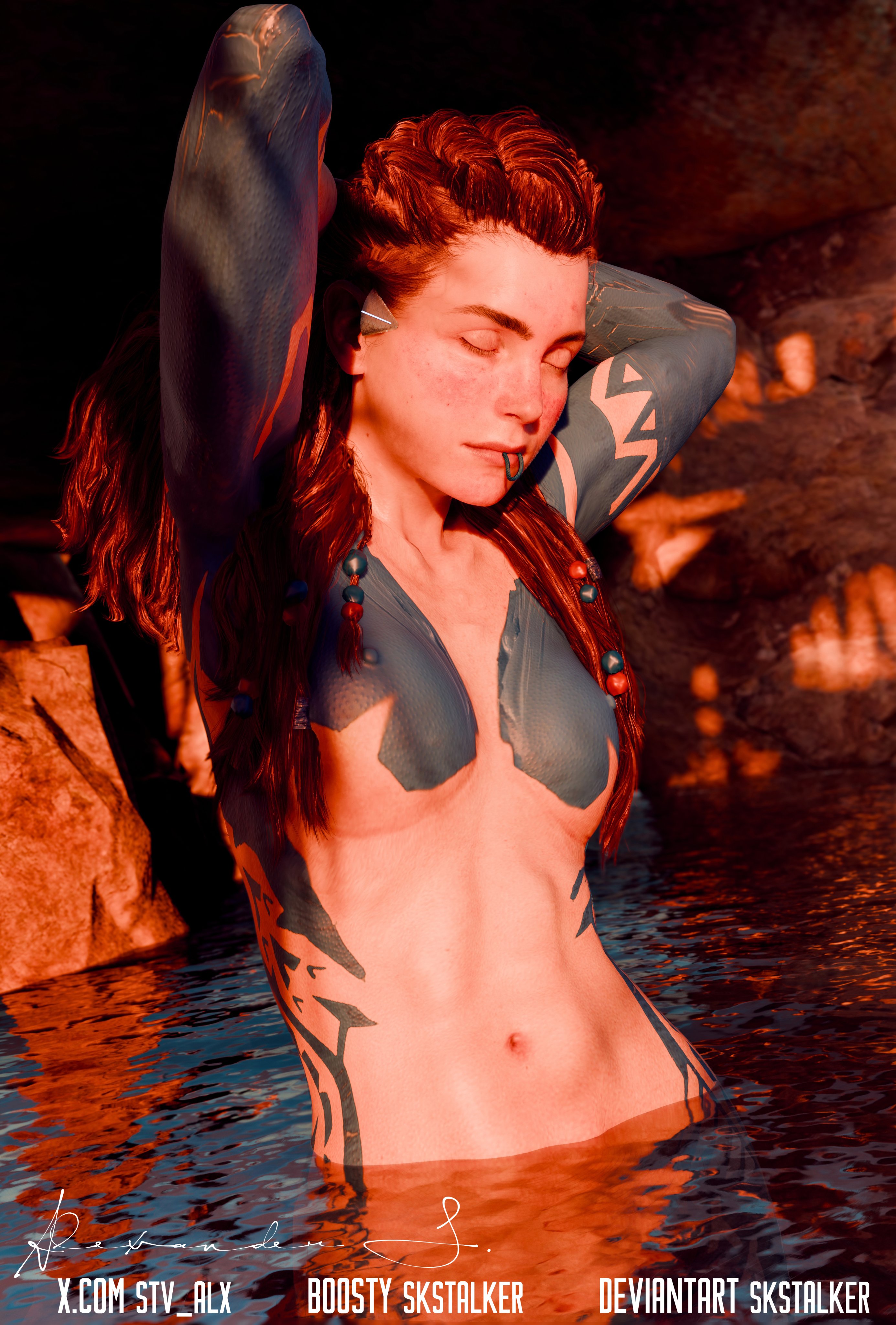 1girls, 3d, accurate art style, aloy, arms up, bodypaint, breasts, female only, horizon forbidden west, horizon zero dawn, medium breasts, nipples, official style, orange hair, red hair, skinny, skstalker, small breasts, tattoo, tattoo on chest, tattooed arm, toned, toned female, water fountain