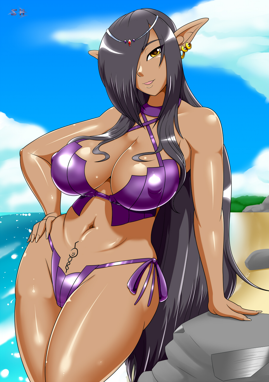 1girls, abs, bare shoulders, beach, big breasts, black hair, breasts, cleavage, clouds, curvy, dark elf, dark skin, dark-skinned female, ear piercing, earrings, female, female only, hair over one eye, hand on hip, hips, kuroinu ~kedakaki seijo wa hakudaku ni somaru~, large breasts, long hair, looking at viewer, navel, nipple bulge, olga discordia, outdoors, pointy ears, purple bikini, rock, side-tie bikini, sky, smile, solo, speeds, swimsuit, tattoo, thick thighs, very long hair, voluptuous, wide hips, yellow eyes