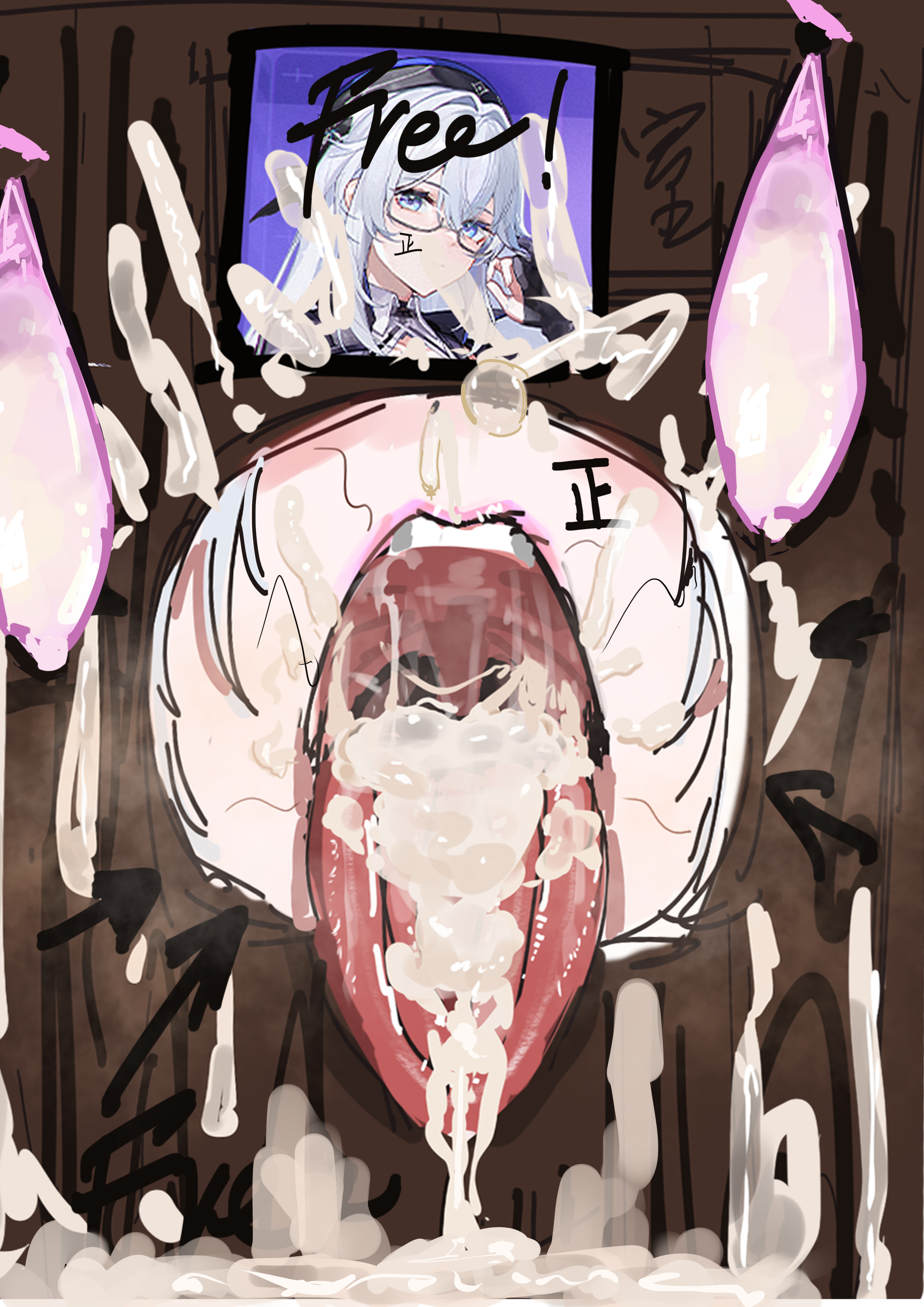 1girls, absurd res, aether gazer, blue eyes, blush, close-up, condom, cum, cum in mouth, excessive cum, facial, glasses, glory hole, grey hair, hat, hodur (aether gazer), lin (id33123174), official alternate costume, open mouth, photo (object), stray pubic hair, teeth, toes, tongue, used condom, writing