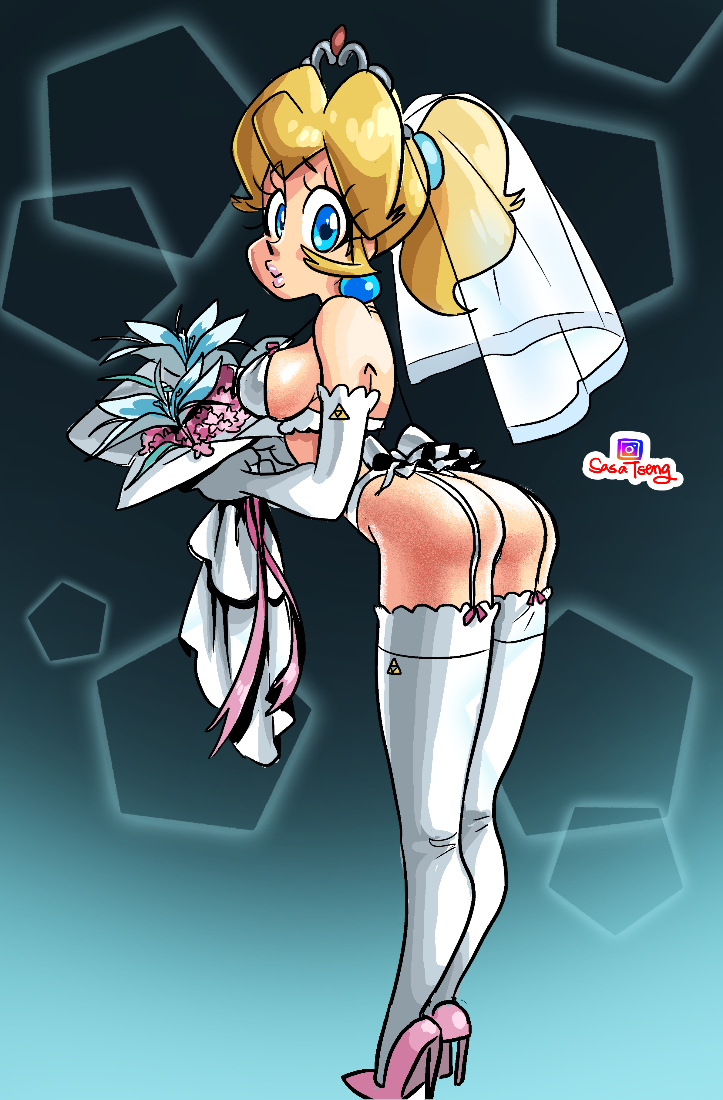 1girls, bra, bridal lingerie, bridal veil, bride, female, high heels, lingerie, mario (series), nintendo, panties, princess peach, sasatseng, side view, solo, super mario odyssey, thong, triforce mark, wedding dress, wedding lingerie, wedding peach (super mario odyssey), wedding veil
