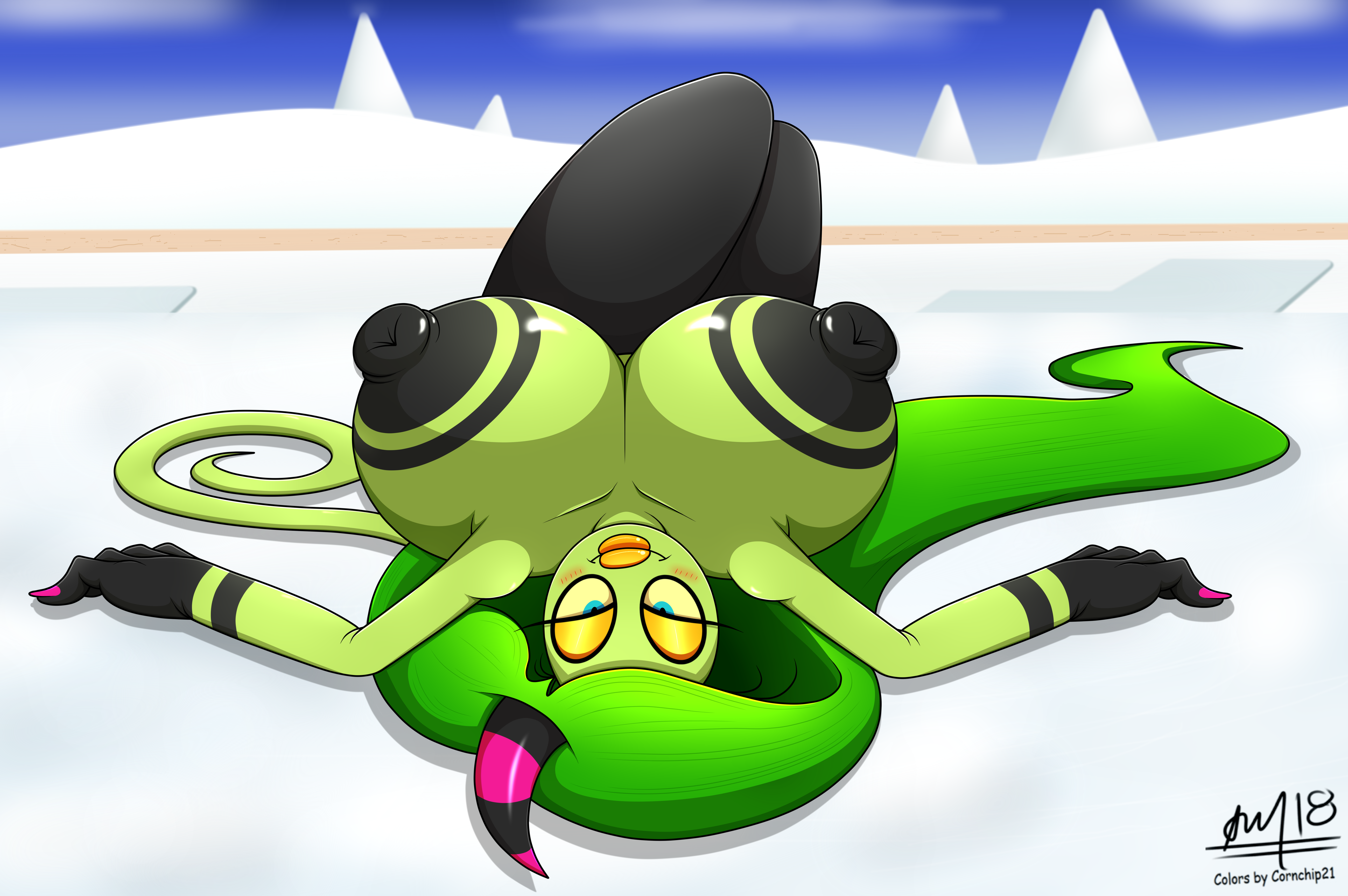 2d, areolae, big breasts, big nipples, black nipples, blue eyes, blush, breasts, busty, cornchip21, cricket-inc, dark, deadly six, erect nipples, erection, female, female only, frozen factory zone, green hair, green skin, hair, horn, huge breasts, hyper, hyper breasts, large breasts, legs, lips, long hair, looking at viewer, lying, lying down, mountain, nipples, nude, seductive, seductive smile, sega, signature, smile, snow, solo, sonic (series), sonic lost world, sonic the hedgehog (series), striped, striped horn, stripes, tail, text, thick thighs, thighs, watermark, zeena, zeti, zeti (species)