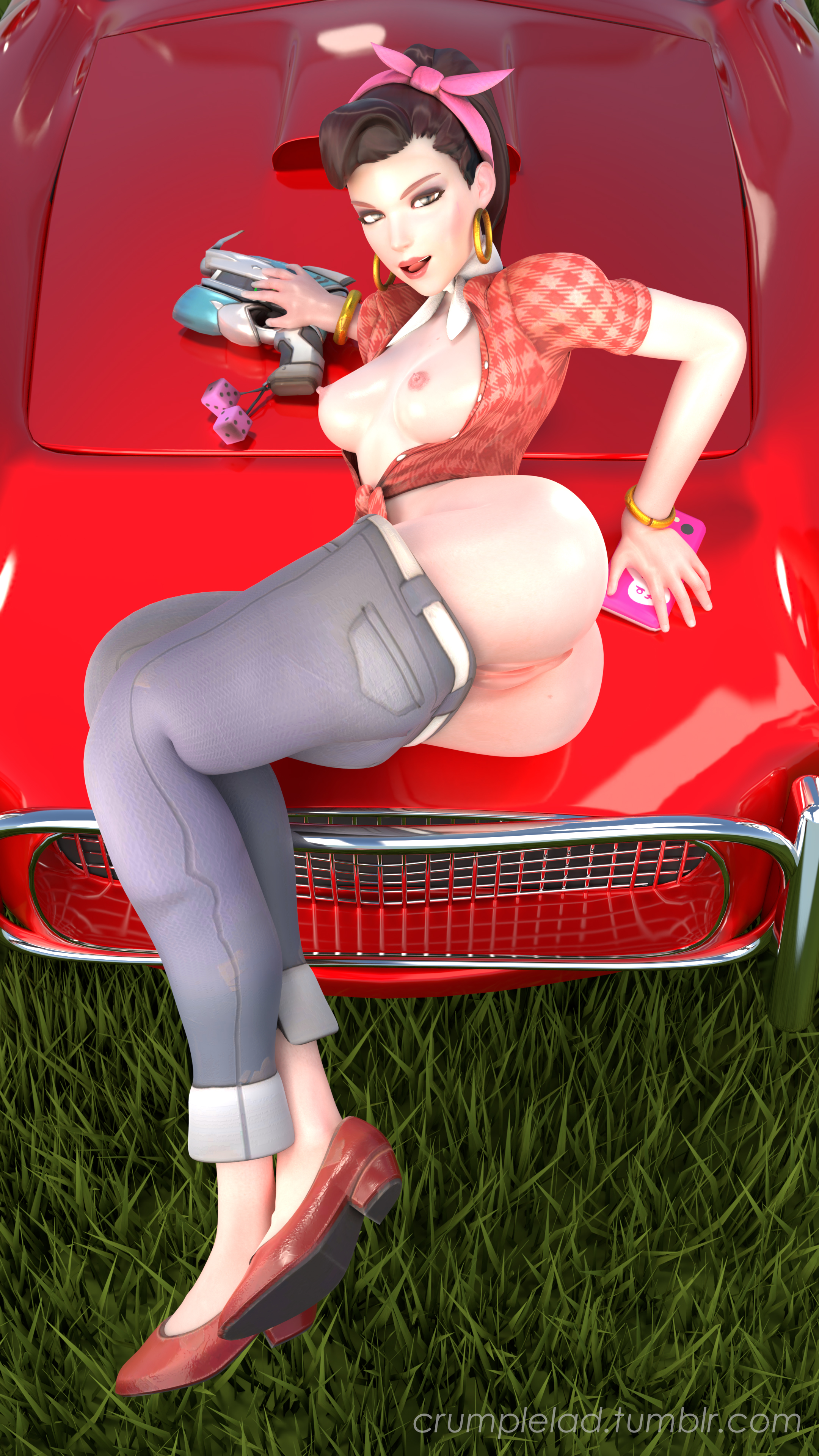3d, absurdres, alternate costume, areolae, ass, blender, breasts, brown hair, cruiser d.va, crumplelad, d.va, female, female only, highres, looking at viewer, nipples, overwatch, pussy, solo