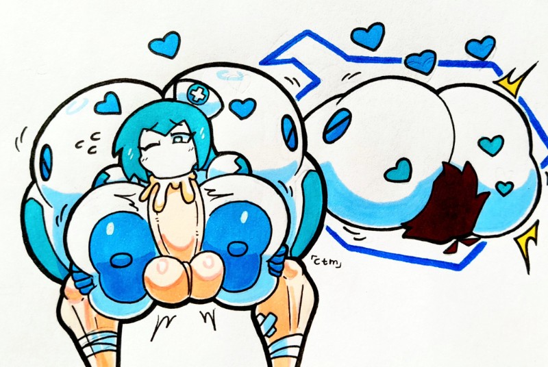 alice (mr.ctm), bandages, blue hair, blue heart, brown hair, cum in mouth, facesitting, heart, huge ass, huge breasts, mr.ctm, nurse, original, sitting on person