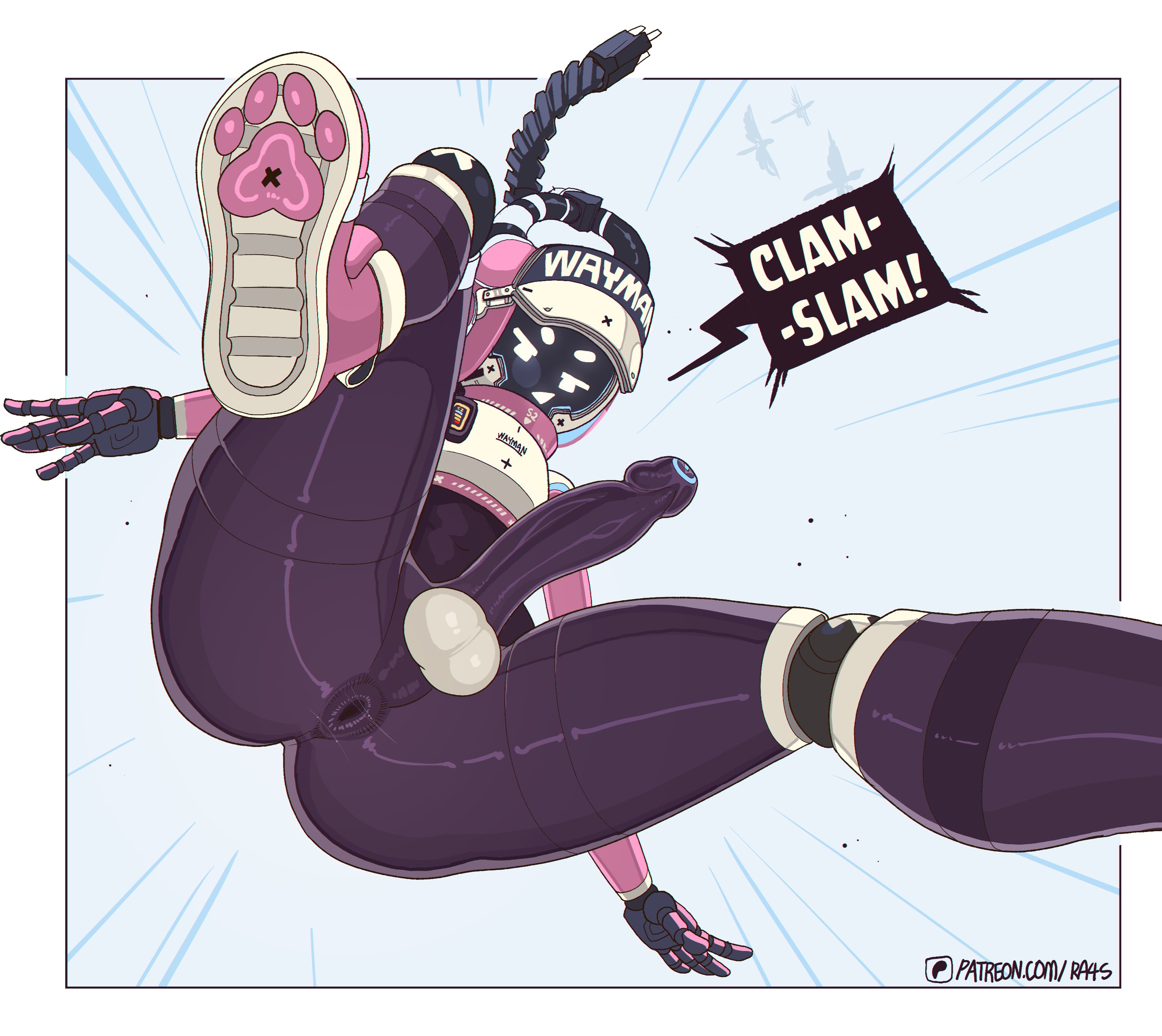 2d, 2d (artwork), 2d artwork, anus, ass, balls, butt slam, erection, femboy, gloves, hair, legs, lips, looking at viewer, low angle, low angle view, male, penis, ra4s, robot, shaft, shoes, slim, slim waist, solo