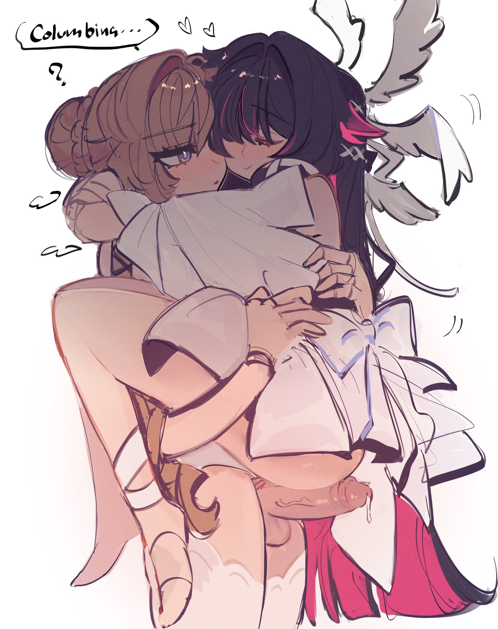 1futa, 1girls, blush, cipherring, columbina (genshin impact), cute, dialogue, female, futanari, genshin impact, hoyoverse, hugging, mihoyo, sandrone (genshin impact), smile, stand and carry position, text, wholesome, yuri
