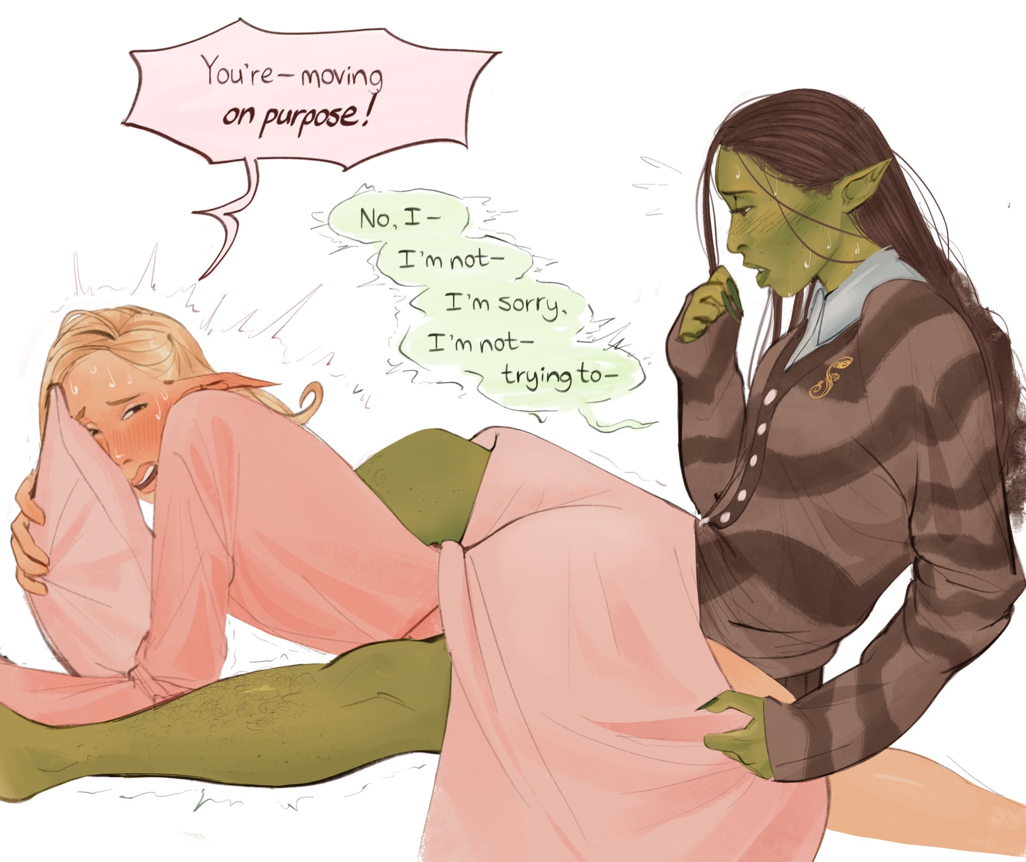 2girls, actress, ariana grande, blonde female, blonde-haired female, blush, blush lines, blushing, brunette, brunette hair, celebrity, clothing, cynthia erivo, dialogue, elphaba, english text, female, female only, female/female, glinda, green skin, lesbian, light-skinned female, multiple girls, real person, slim waist, speech bubble, sweat, text, verycoolfeller, wicked, wicked witch of the west, yuri