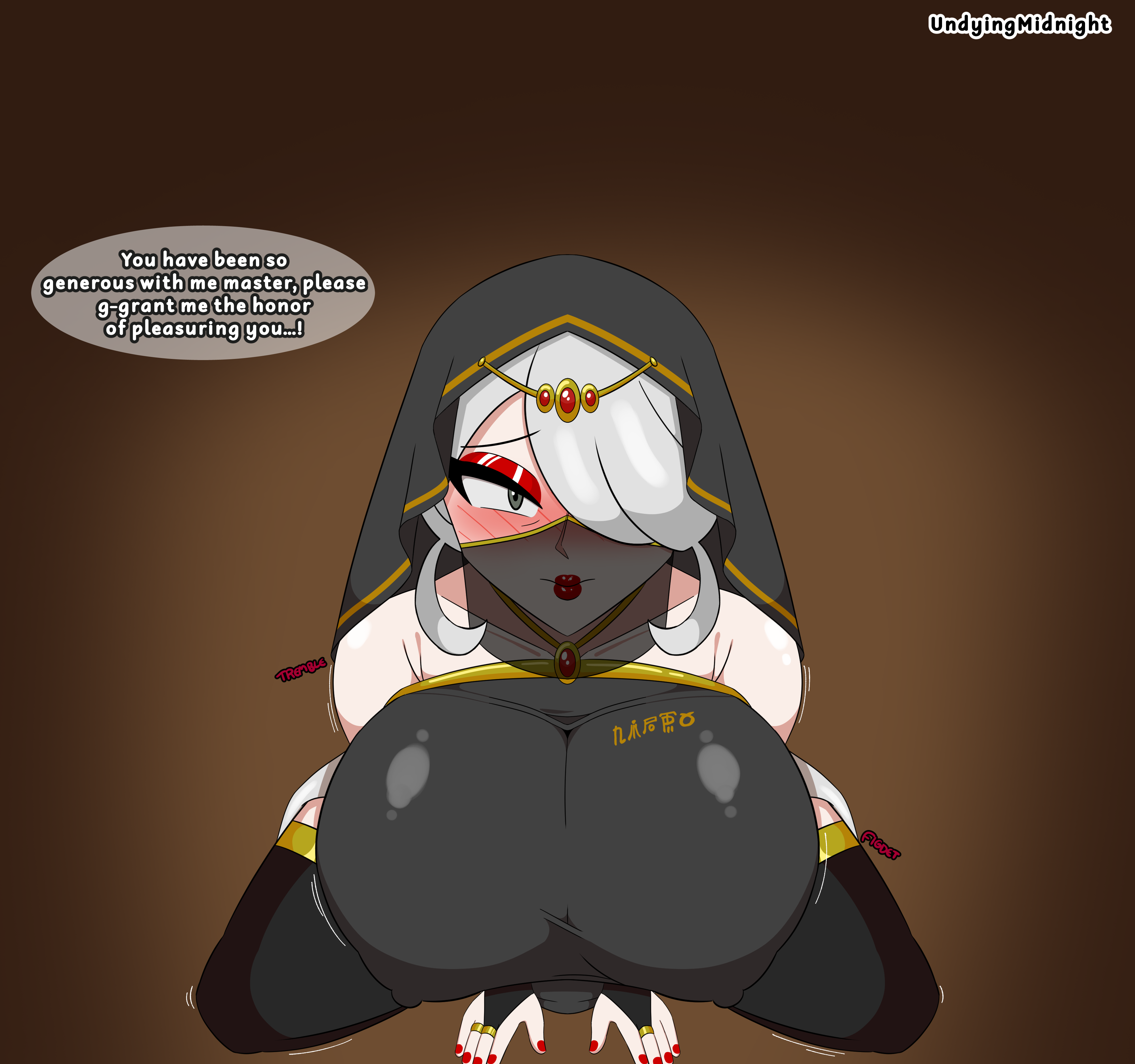 1girls, big ass, big breasts, big butt, cogita (pokemon), cogito (pokemon), english text, eyeshadow, face veil, game freak, gloves, gold (metal), gold jewelry, hag, harem outfit, hi res, huge breasts, lipstick, midnightundying (artist), nail polish, older female, plump, pokemon, pokemon legends: arceus, red eyeshadow, red lipstick, red nails, squatting, text, thicc, thick thighs, thighhighs, veil, vibrator, vibrator in pussy, vibrator under clothes, wedding ring