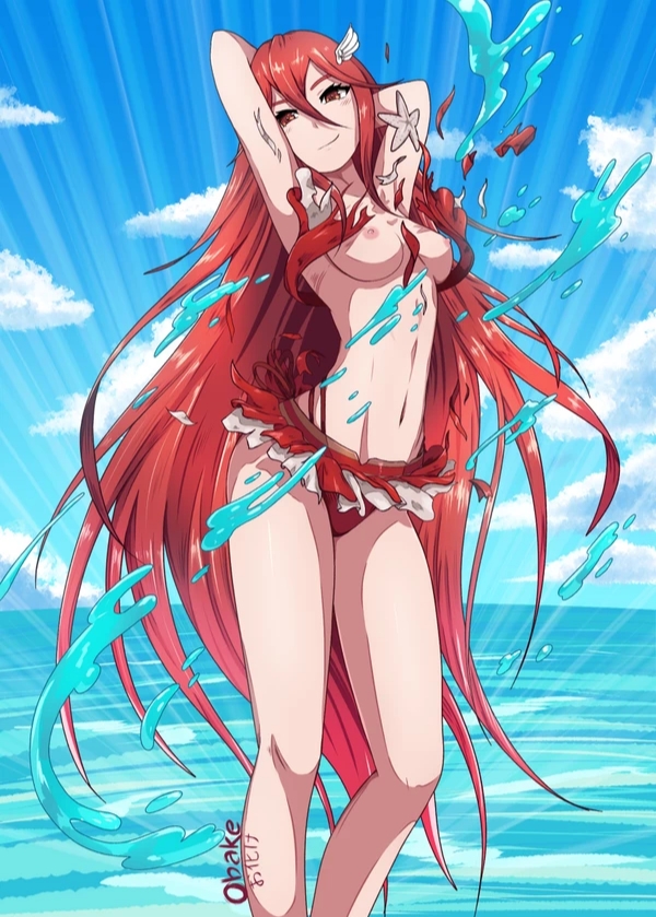 1girls, bikini, cordelia (fire emblem), female, female only, fire emblem, fire emblem awakening, fire emblem heroes, long hair, looking at viewer, nipples, obakeart, ocean, pose, red hair, smile, solo, underwear, underwear removed, water