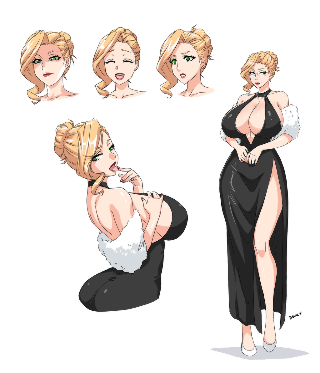 1girls back bare_shoulders belly big_ass big_breasts blonde_hair breasts cleavage closed_eyes clothed devil-v dress eyelashes feet female female_only glasses green_eyes huge_breasts human large_ass large_breasts licking licking_finger lipstick looking_at_viewer looking_away nail_polish open_mouth original_character ponytail red_lipstick shadow shoes short_hair sideboob smile solo standing teeth text thick_thighs tongue watermark white_background wide_hips