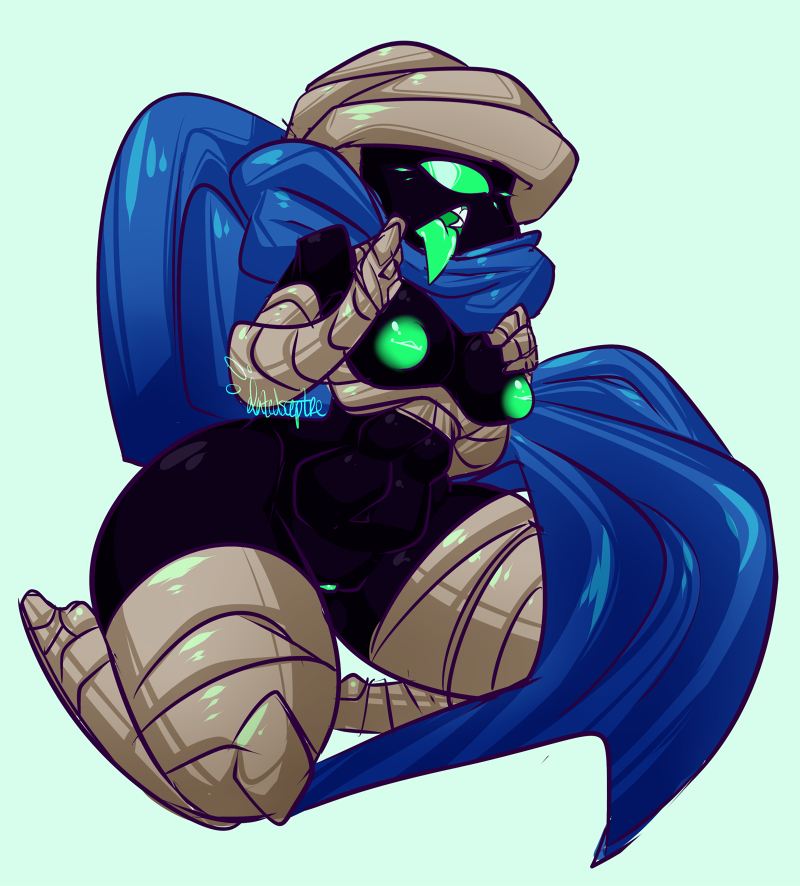 1_eye black_skin blue_background cyclops elatedsceptre female green_areola green_eyes green_nipples green_tongue inverted_nipples mummy navel nerfocalypse nipples pussy rebel_(nuclear_throne) scarf simple_background solo tongue tongue_out undead