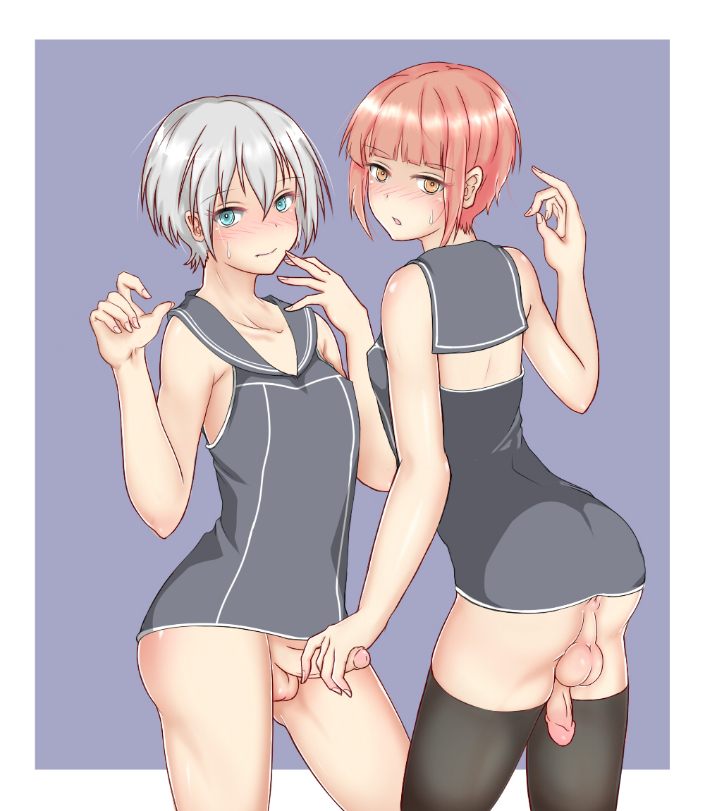 2boys anus ass blue_eyes blush femboy girly grey_hair male nikuku_(kazedesune) orange_eyes penis red_hair silver_hair sweatdrop trap trap_on_trap yaoi