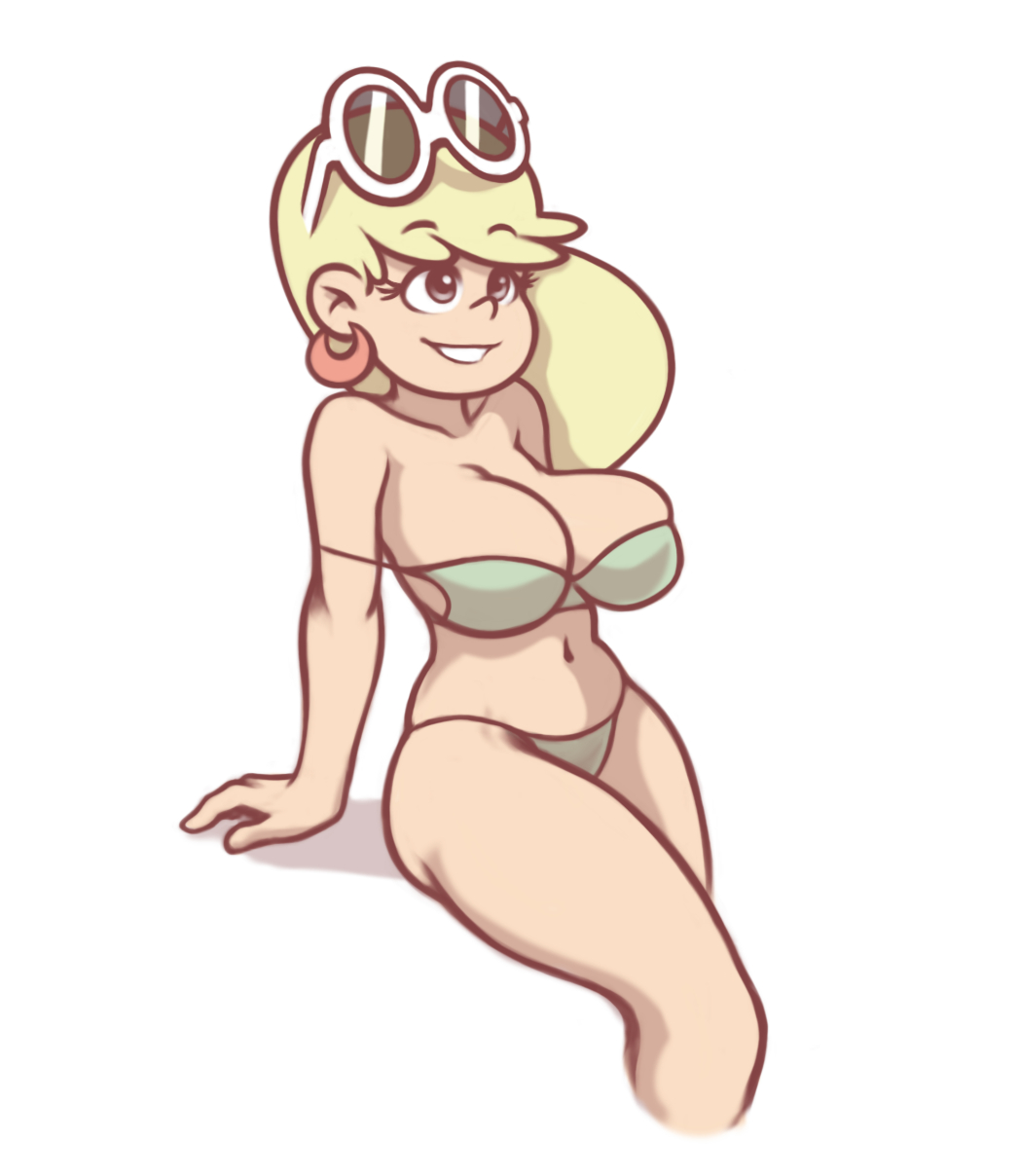 1girls, belly, big breasts, bikini, breasts, brown eyes, cb-lite, cleavage, curvy, earrings, eyelashes, female, female only, full body, hoop earrings, large breasts, leni loud, long hair, looking away, navel, shadow, sideboob, sitting, solo, strap slip, sunglasses, sunglasses on head, teeth, the loud house, thick thighs, voluptuous, white background