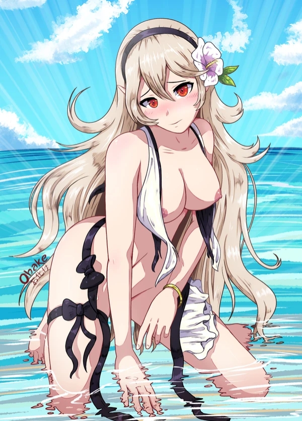 1girls, blush, breasts, corrin (fire emblem), corrin (fire emblem) (female), dragon girl, female, female only, fire emblem, fire emblem fates, fire emblem heroes, flower, hairclip, long hair, looking at viewer, medium breasts, nipples, obakeart, ocean, pose, red eyes, ribbons, silver hair, solo, tiara, water