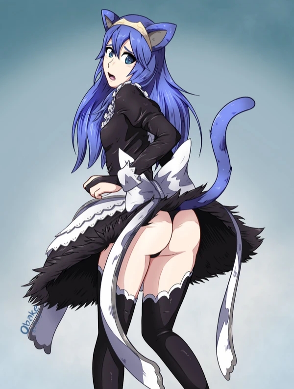 ass, blue eyes, blue hair, blush, cat ears, cat tail, clothes, diadem, female, female only, fire emblem, fire emblem awakening, legwear, long hair, looking back, lucina (fire emblem), maid, maid headdress, obakeart, ribbon, solo