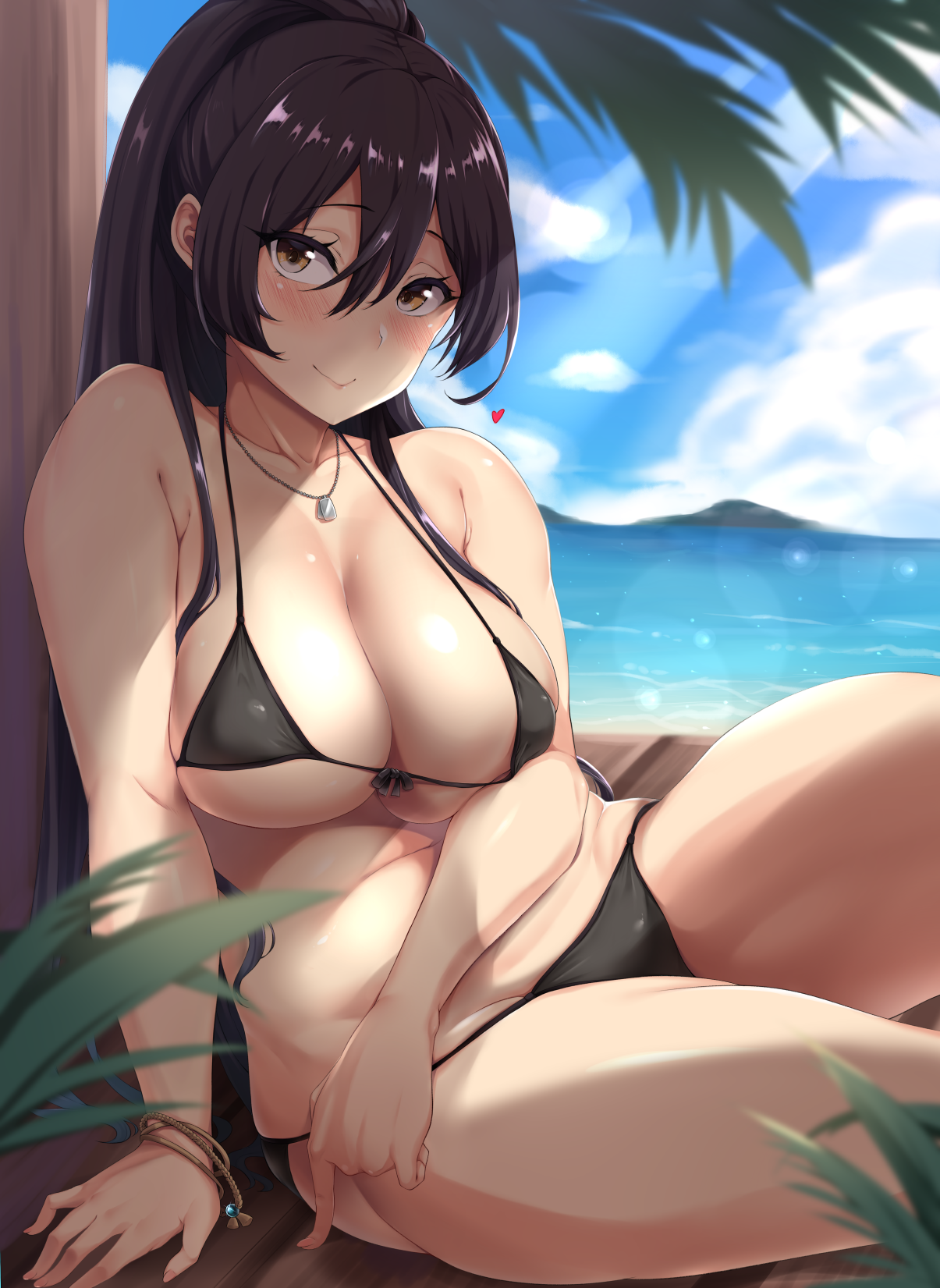 1girls, big breasts, bikini, blush, breasts, cleavage, female, female only, idolmaster, idolmaster shiny colors, large breasts, looking at viewer, moisture (chichi), shirase sakuya, solo, thick thighs, thighs