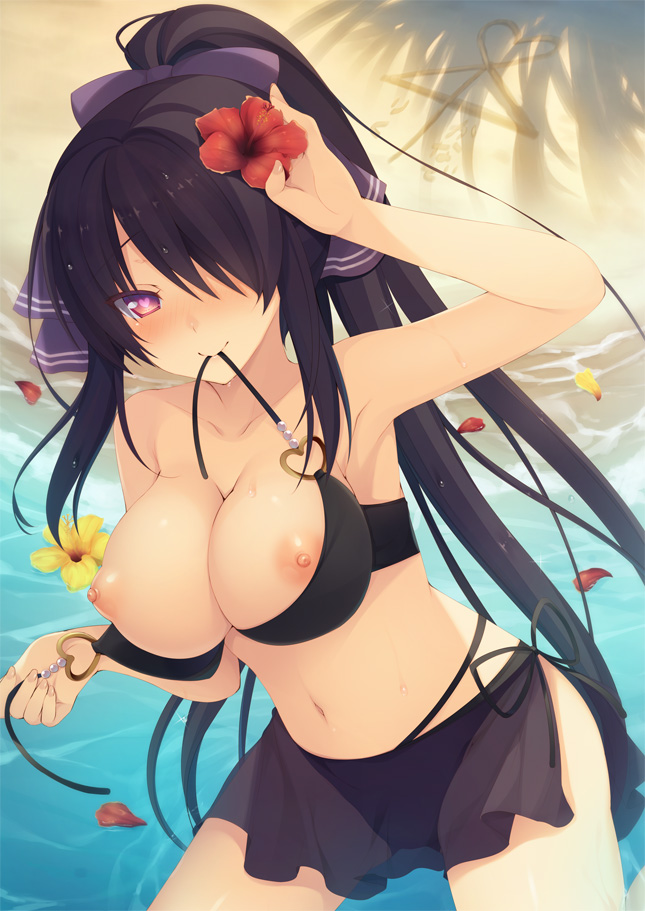 ai_ai_gasa aotsu_karin arm_up beach bikini bikini_in_mouth black_bikini blush breasts closed_mouth commentary_request day female flower hair_flower hair_ornament hair_over_one_eye heart heart-shaped_pupils heart_ring heart_ring_top high_ponytail holding large_breasts long_hair looking_at_viewer mouth_hold navel nipples nose_blush ocean original outdoors petals ponytail red_eyes red_flower sand see-through side-tie_bikini sidelocks smile solo swimsuit symbol-shaped_pupils very_long_hair water yellow_flower