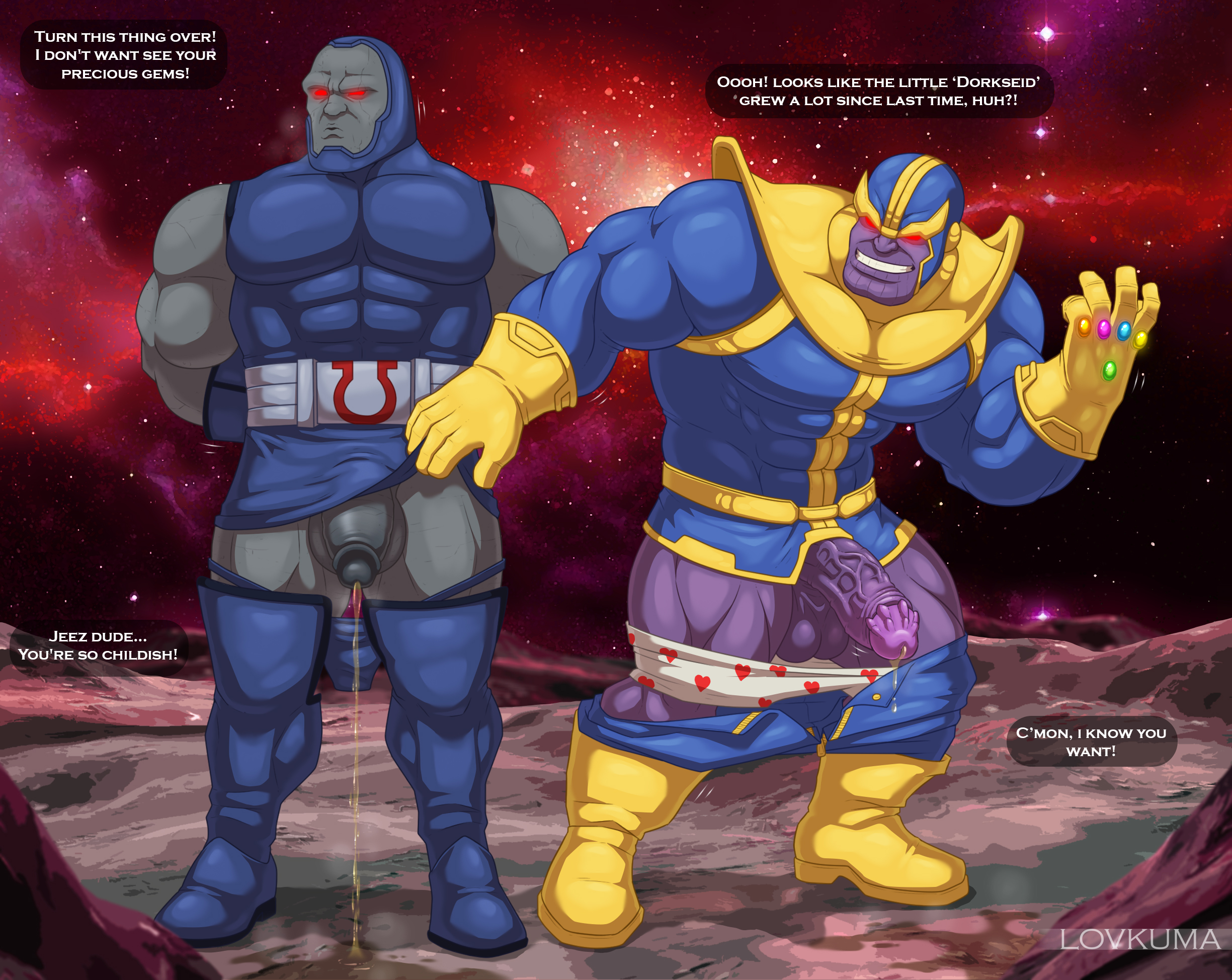 !, ?, ..., 2boys, abs, alien, armor, balls, bara, biceps, boots, clothed, clothing, crossover, cum, cum string, darkseid, dc, dc comics, death battle, dialogue, english text, erection, exotic penis, footwear, gay, gloves, glowing, glowing eyes, headgear, helmet, hi res, humanoid, humanoid penis, infinity gauntlet, lovkuma, male, male only, marvel, marvel comics, masculine male, mostly nude, muscular, orgasm, pecs, peeing, penis, red eyes, smile, space, standing, teeth, text, thanos, thick penis, thick thighs, triceps, underwear, urine, vein, veiny penis, yaoi