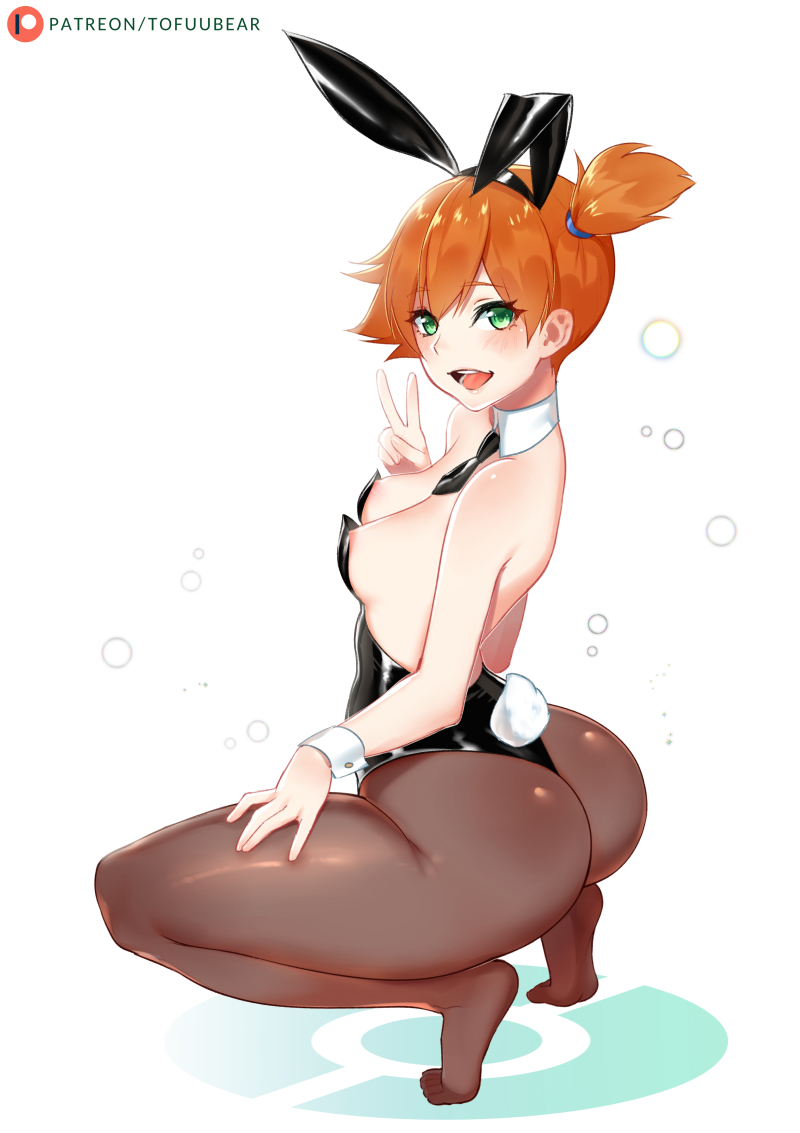 1girls, animal ears, areolae, ass, back, blush, breasts, bubble ass, bubble butt, bubbles, bunny ears, bunny girl, bunnysuit, cleavage, clothed, eyelashes, fake ears, feet, female, female only, from behind, gym leader, hairband, hand on leg, higher resolution available, human, human only, looking at viewer, looking back, misty (pokemon), nintendo, nipples, open mouth, orange hair, pantyhose, pokemon, pokemon rgby, revealing clothes, see-through, short hair, side ponytail, side view, sideboob, small breasts, smile, soles, solo, squatting, tail, teeth, text, toes, tofuubear, tongue, url, v, watermark, white background